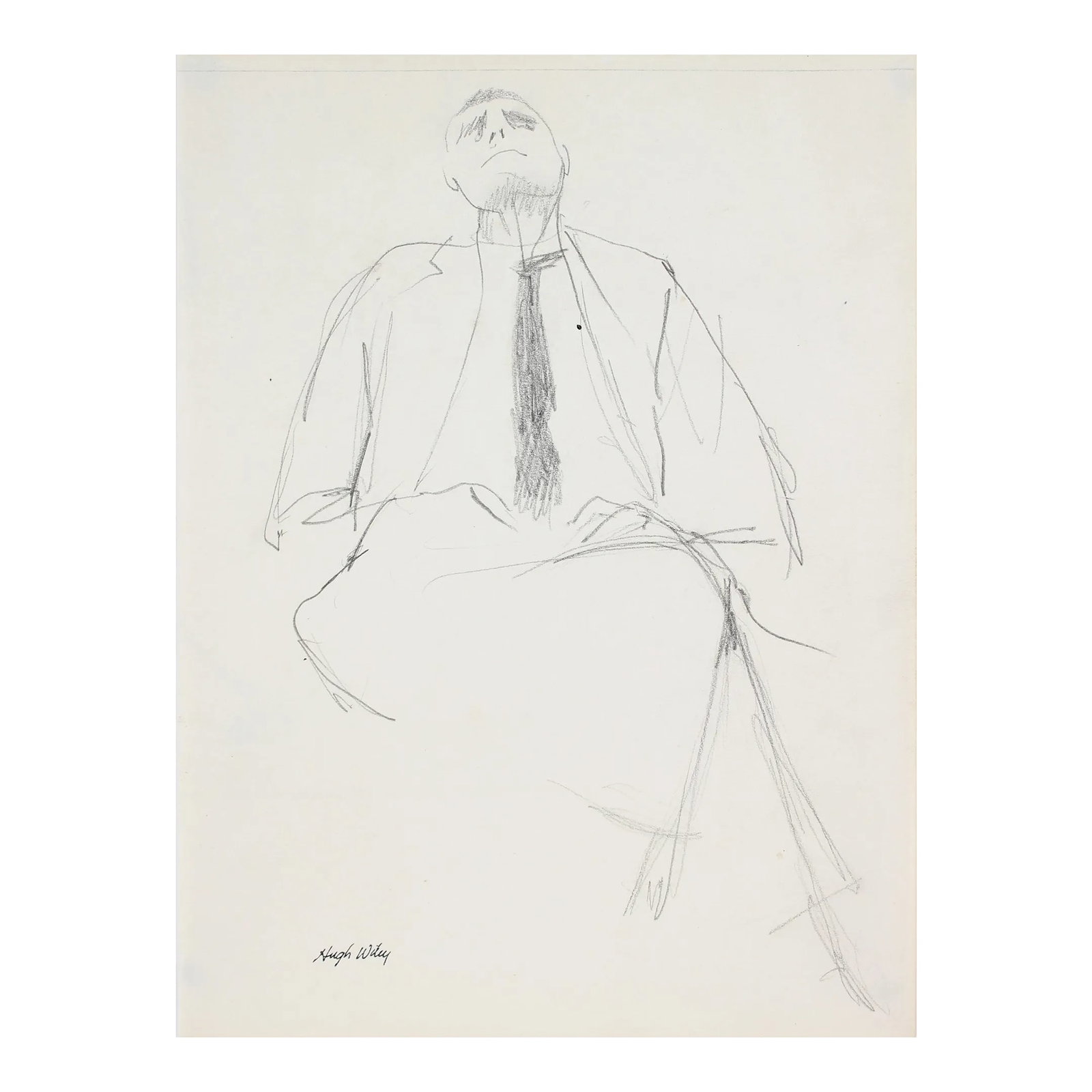 Reclined Businessman Late 1950s Graphite: This late 1950s sketch of a seated male is by Northern California artist Hugh Wiley (1922-2013). Wiley studied at the Pennsylvania Academy of the Fine Arts and in Mexico City under Carlos Merida. He