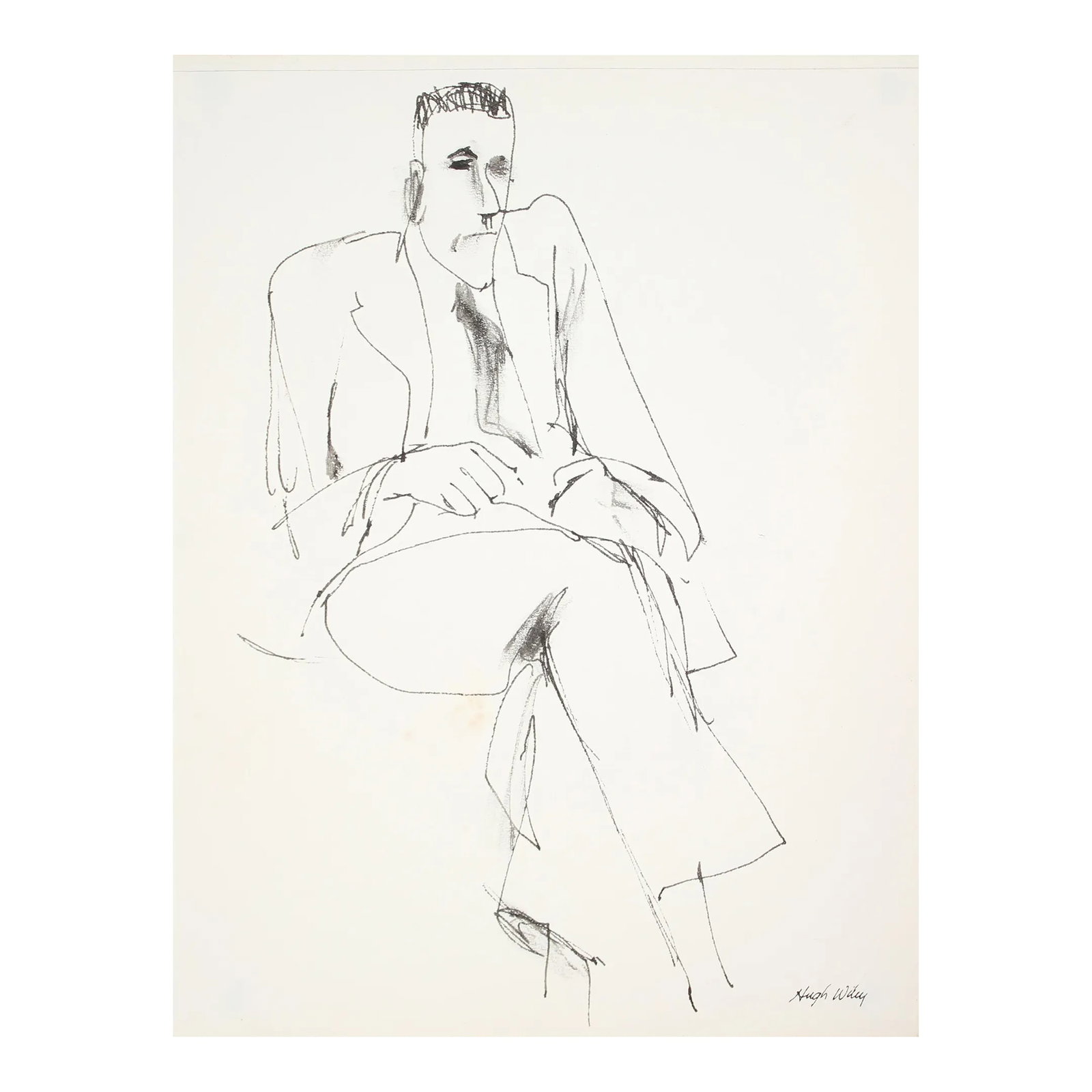 Seated Man Portrait Drawing Late 1950's Ink: This Late 1950's sketch of a seated man is by Northern California artist Hugh Wiley (1922-2013). Wiley studied at the Pennsylvania Academy of the Fine Arts and in Mexico City under Carlos Merida. He