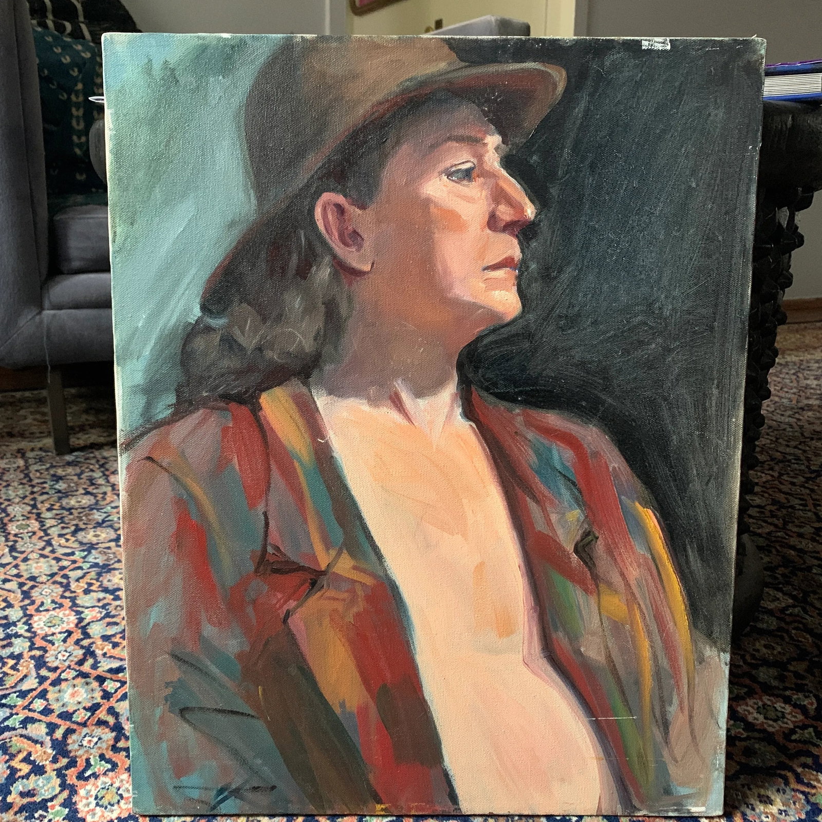 Vintage Modern Realist Signed Portrait Painting of a Woman Wearing a Hat - 13