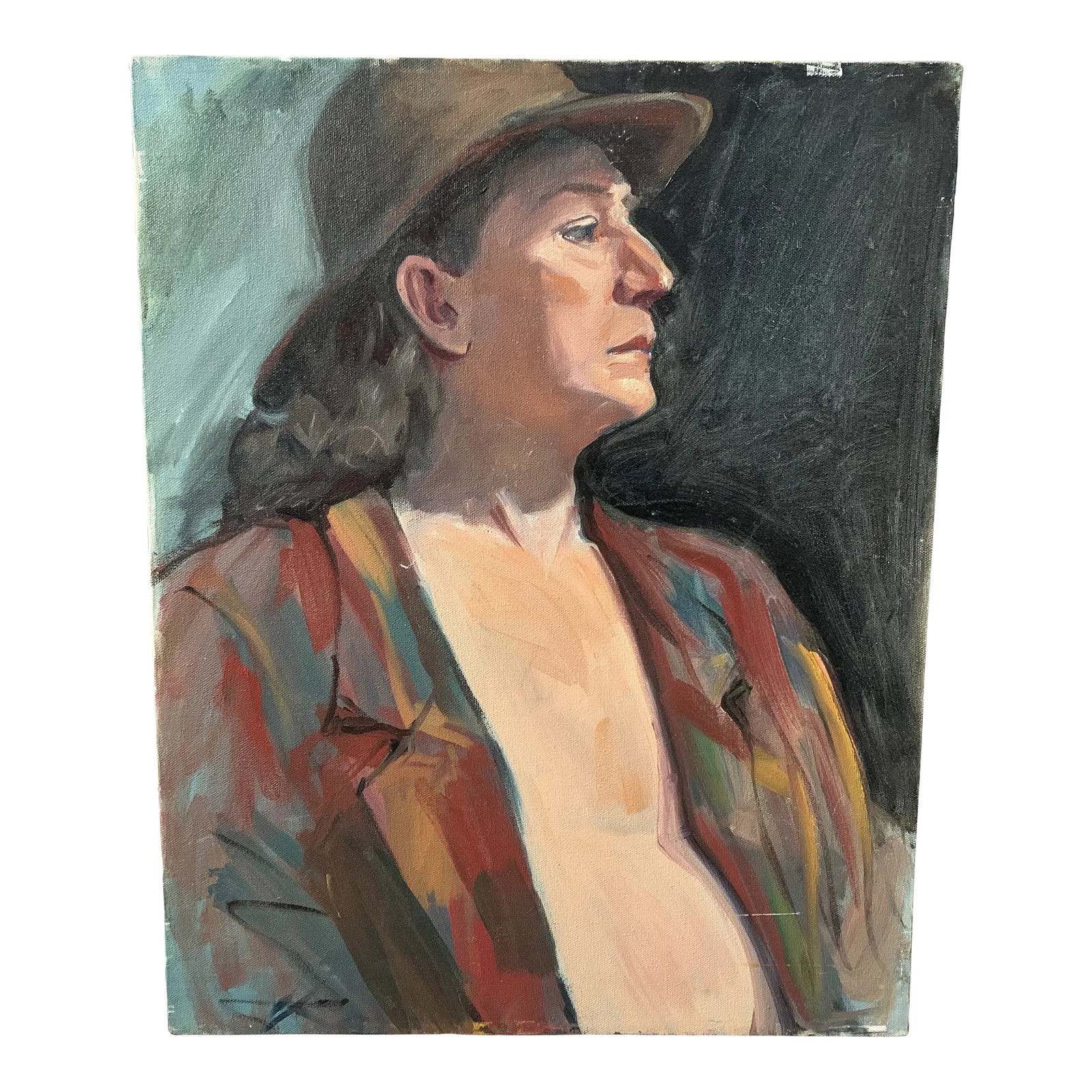 Vintage Modern Realist Signed Portrait Painting of a Woman Wearing a Hat: Vintage portrait painting. Intriguing expression, unique attire and attractive colors make this portrait a great addition to your art gallery wall. Condition: Alterations: Original Condition