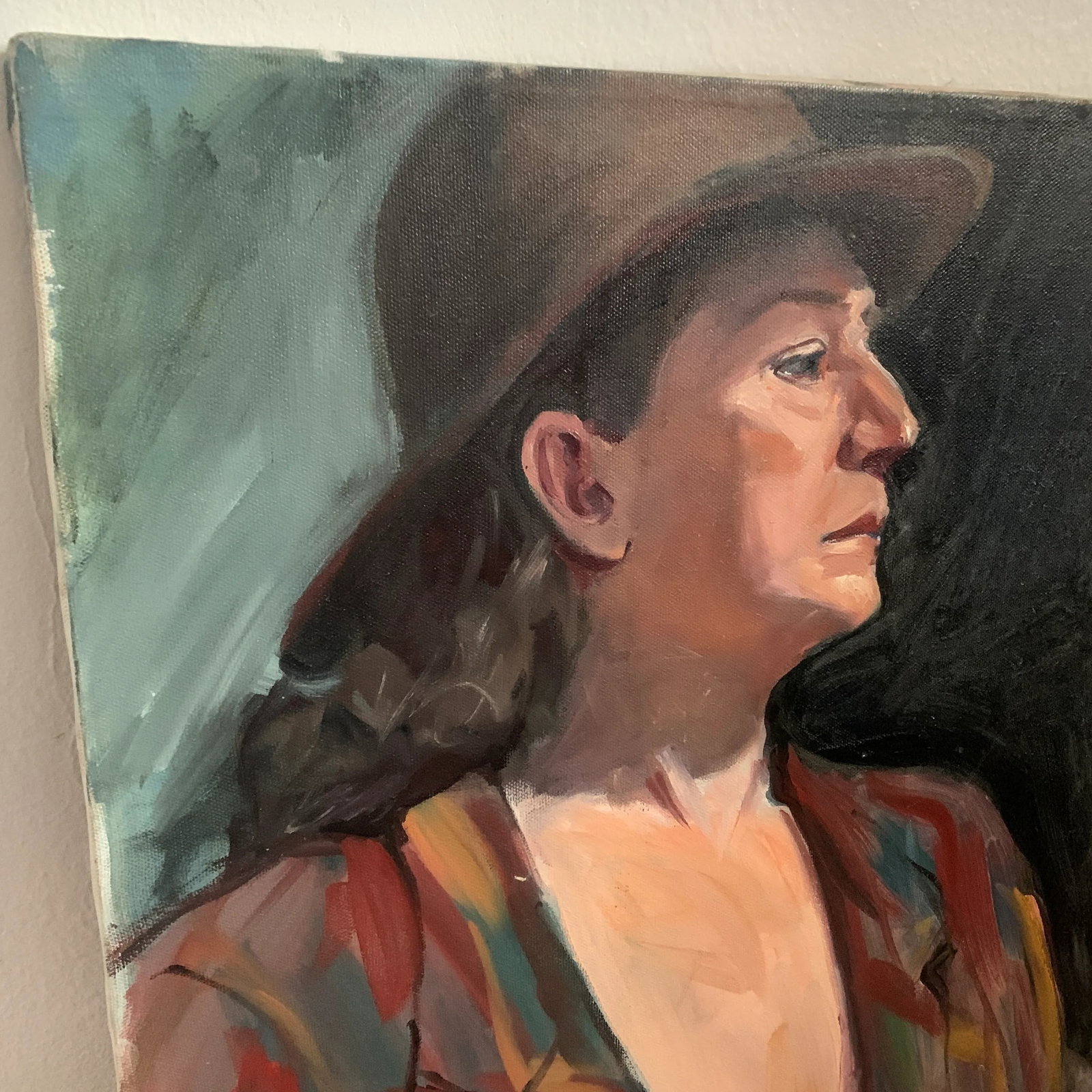 Vintage Modern Realist Signed Portrait Painting of a Woman Wearing a Hat - 4