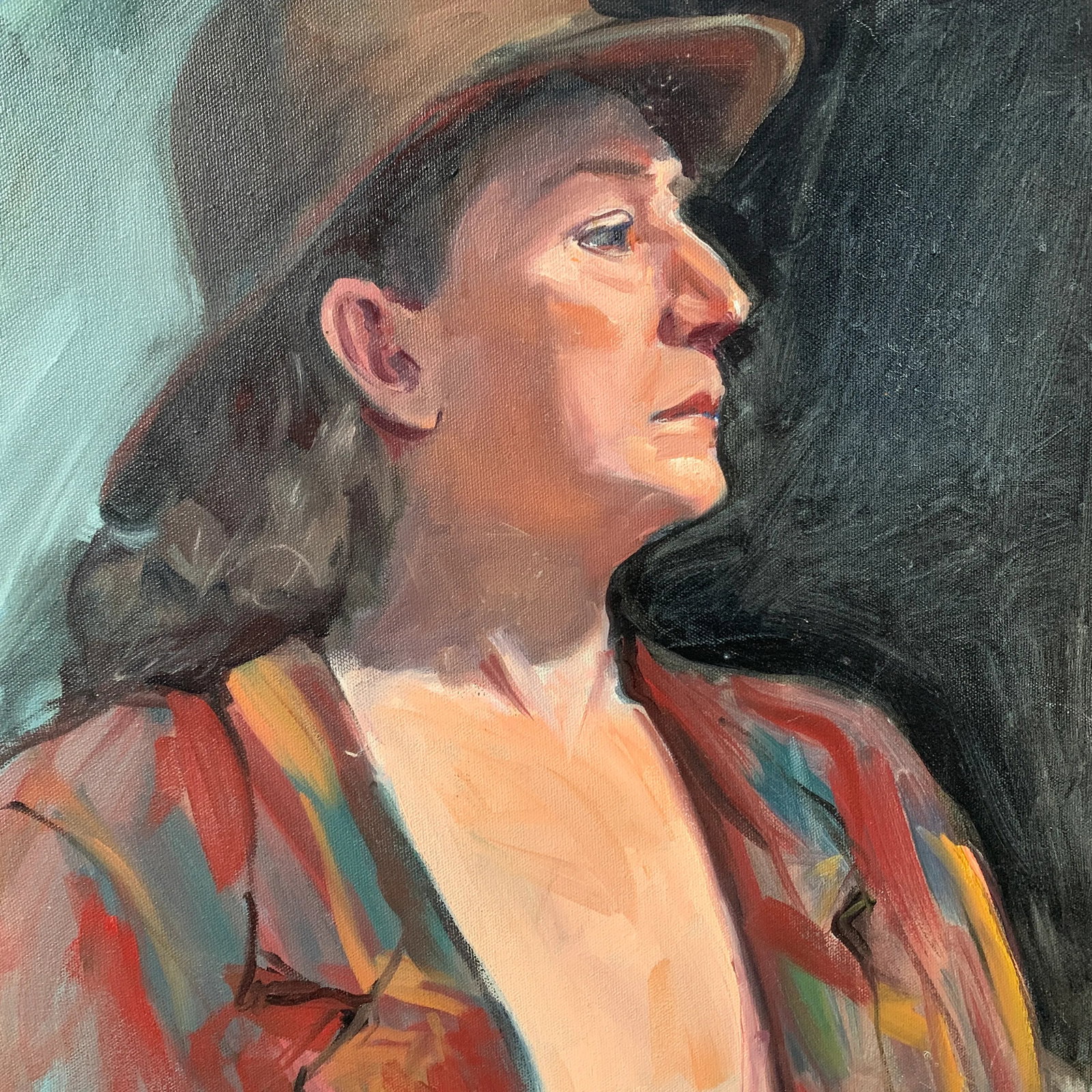 Vintage Modern Realist Signed Portrait Painting of a Woman Wearing a Hat - 9