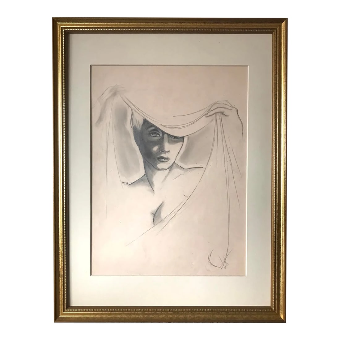 Vintage Exotic Art Deco Era Fashion Design Drawing Circa 1930s Signed Bette: Vintage original pencil fashion drawing of an exotic woman with a long scarf and hat. Pencil on paper signed lower right Bette. A 1930s era Hollywood fashion design artist. Presented matted and framed