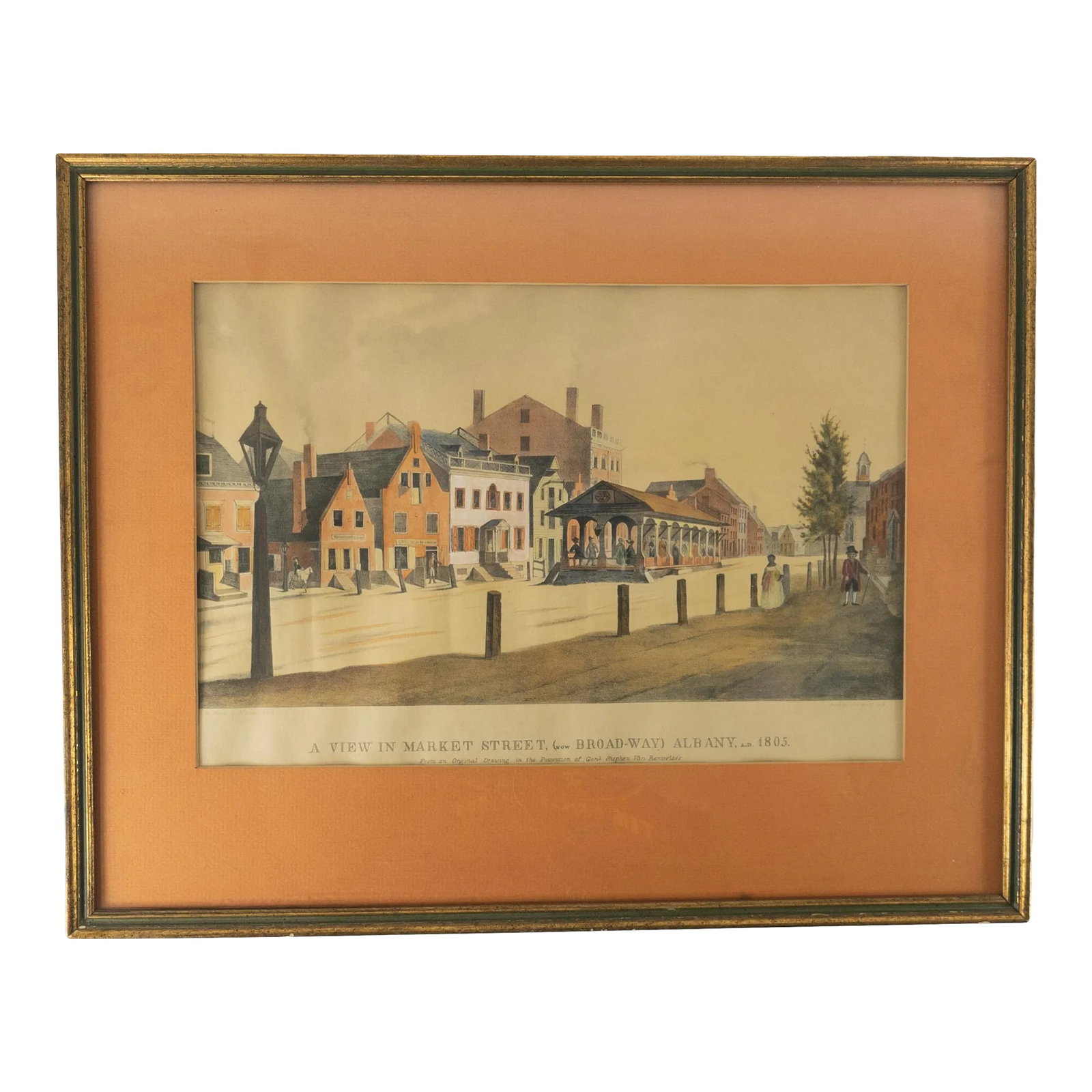 19th Century Hand Colored Lithograph of Albany New York Ca 1805: We are selling this rare and early hand colored lithograph of Albany New York. This early print is after the watercolor "East Side Market Street from Maiden Lane South, Albany, 1805" by James Eights