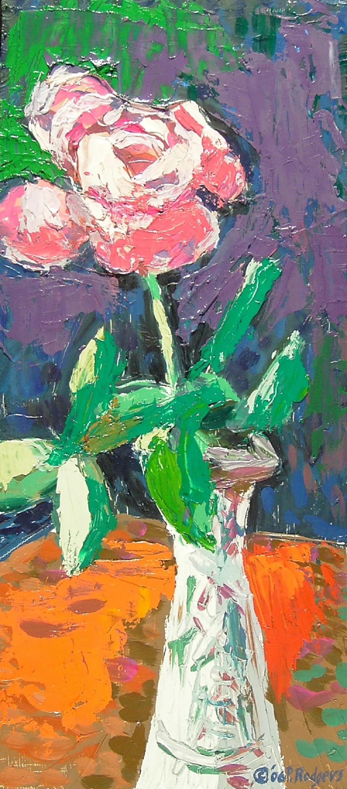Contemporary Expressionist Still Life Rose in White Vase Oil Painting: Roses are my favorite flower. When I have them, I like to paint them before they fade. This is a very small oil on board painted with a brush and palette knife. I wanted to capture the space around