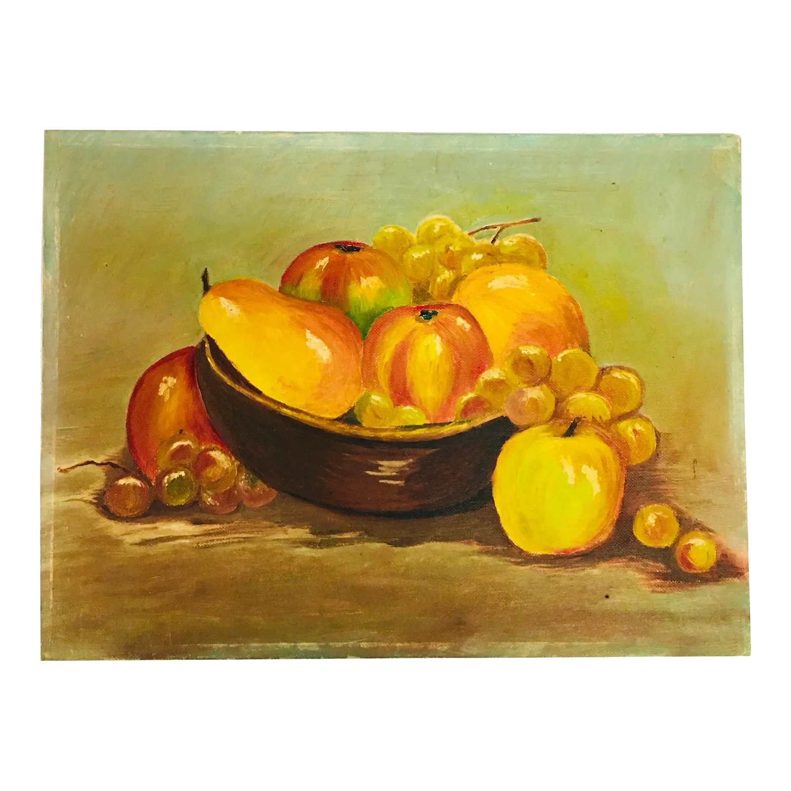 1960s Original Bowl of Fruit Still Life Oil Painting on Board: Signed Ann Steele Original Oil on Board Still Life of Bowl of Fruit. This wonderful piece emphasizes the light play on the fruit. Condition: Alterations: Original Condition Unaltered Imperfections: