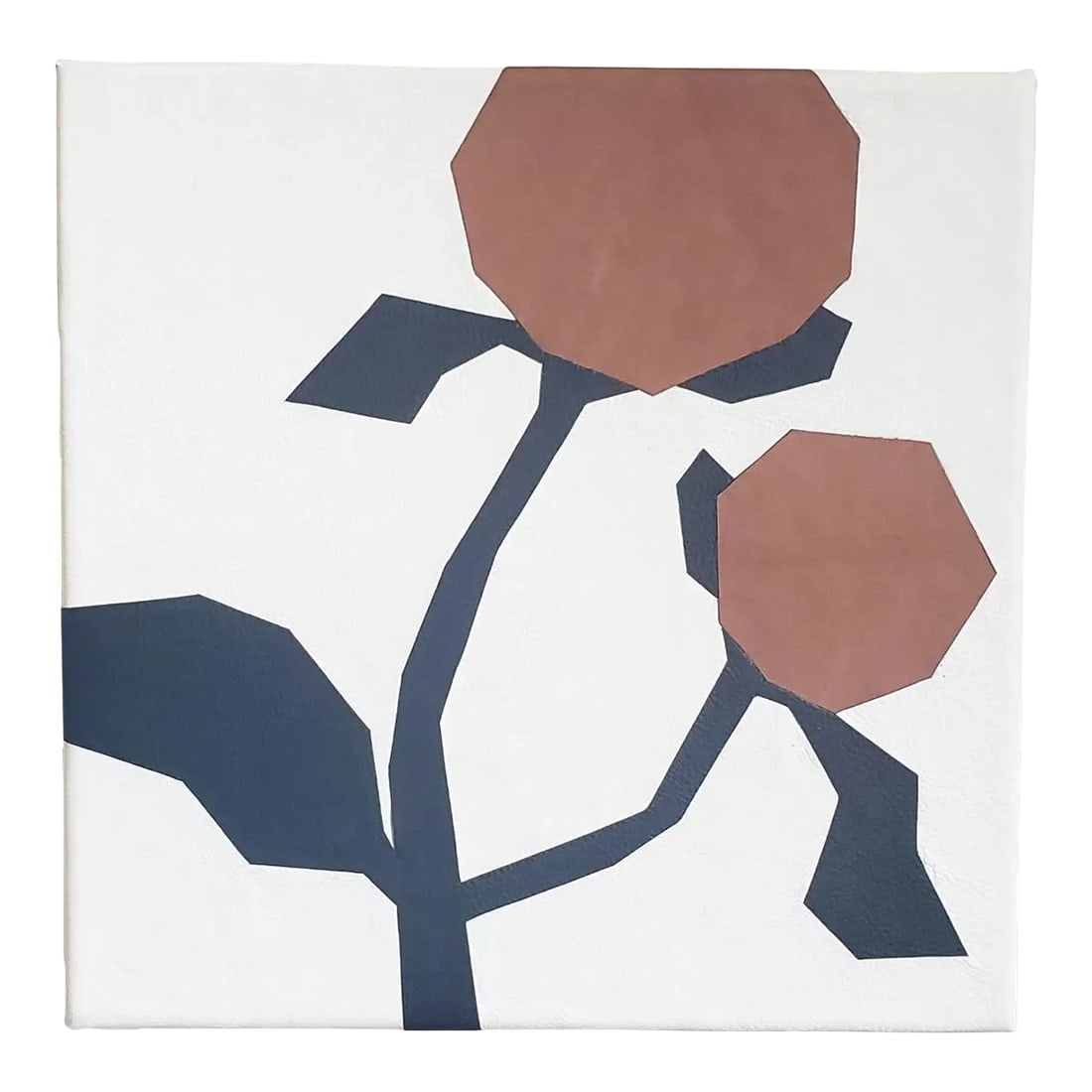 Minimalist Handmade Leather Wall Art "Juliet Peach": Handmade leather fine wall art home decor. One-of-a-kind by artist Michelle Trogdon. Canvas wrapped in leather and inlayed with abstract flower motif. Crisp white background with navy and peach. This 