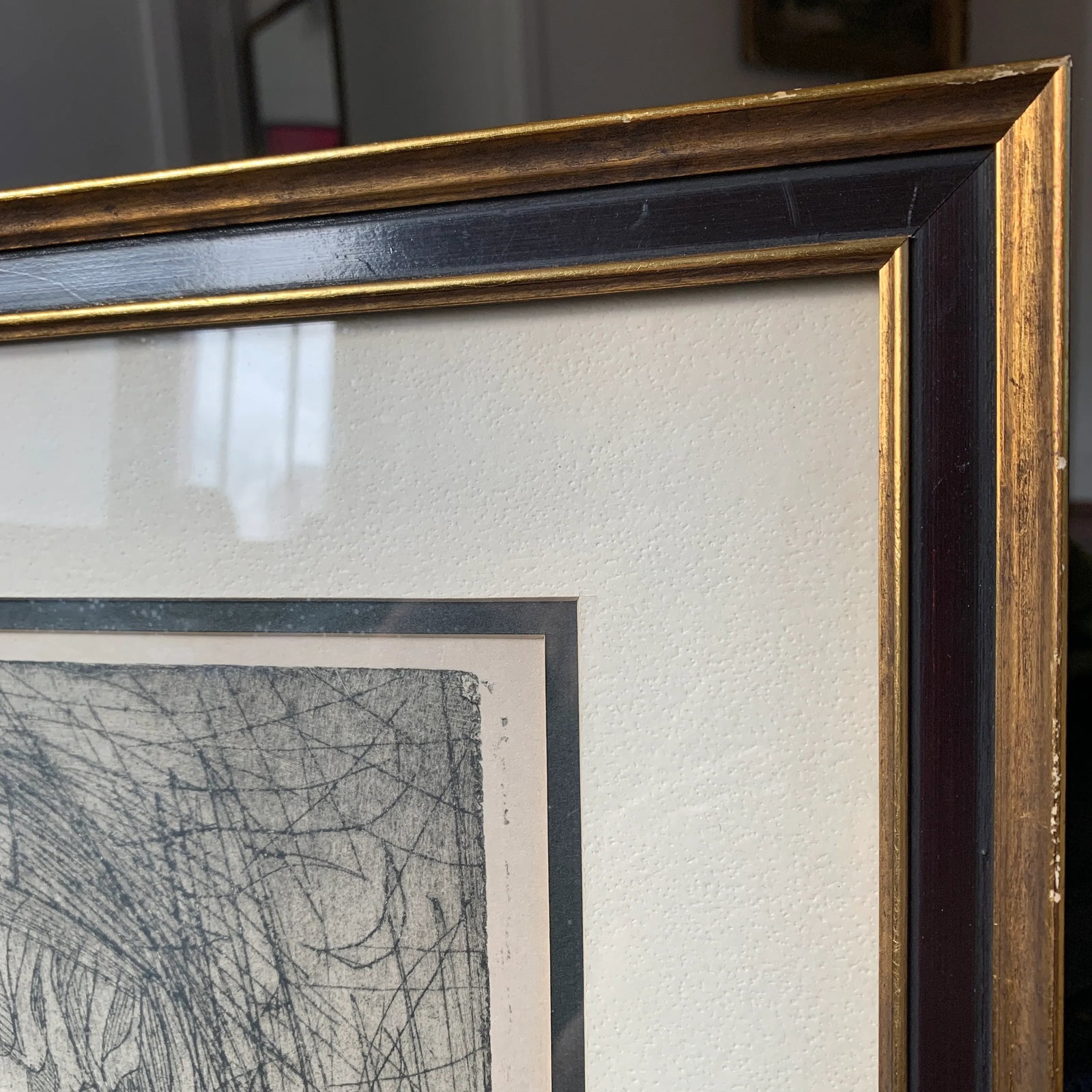 Mid 20th Century "Girl with Flute" Abstract Figurative Woodcut Print by Irving Amen, Framed - 11