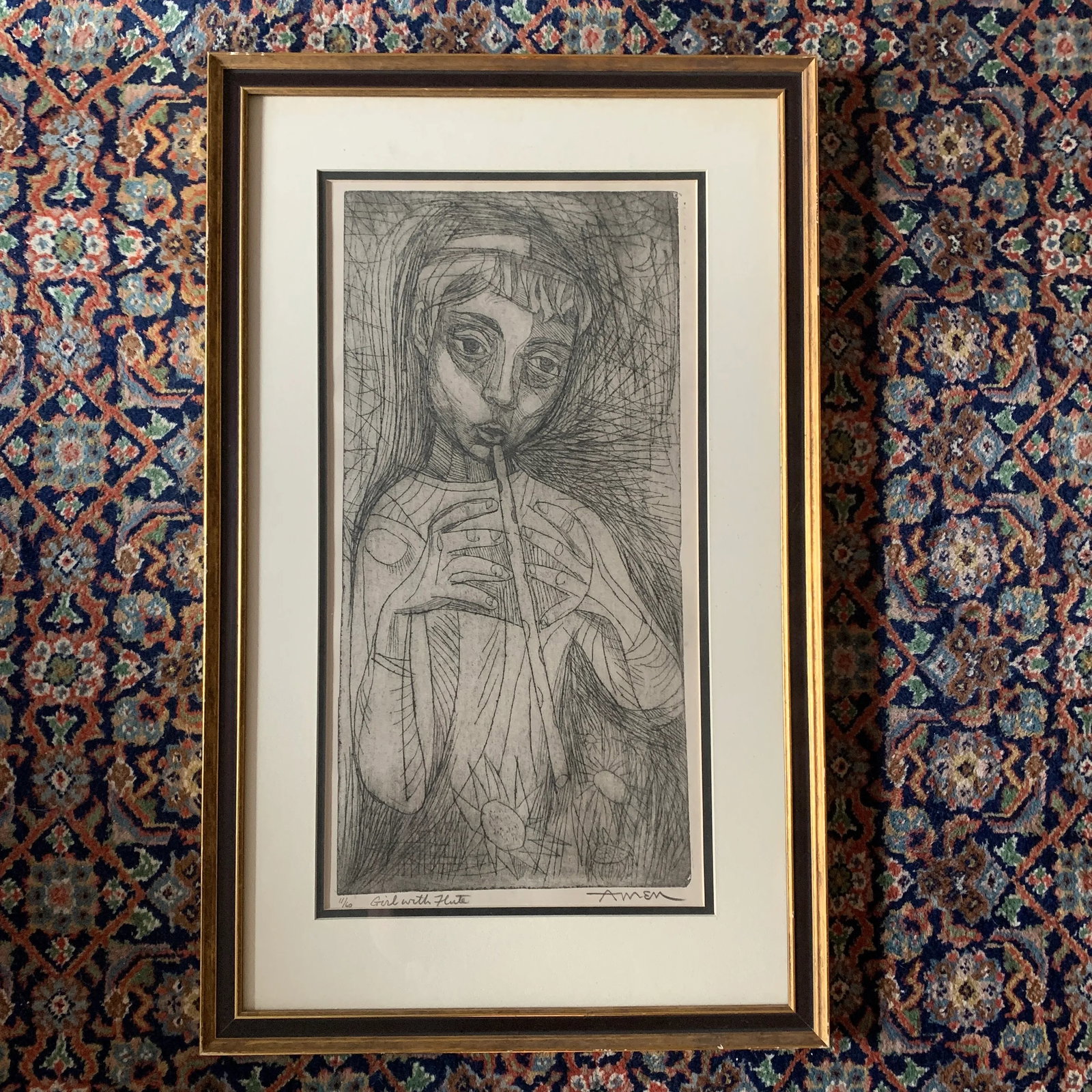 Mid 20th Century "Girl with Flute" Abstract Figurative Woodcut Print by Irving Amen, Framed - 13