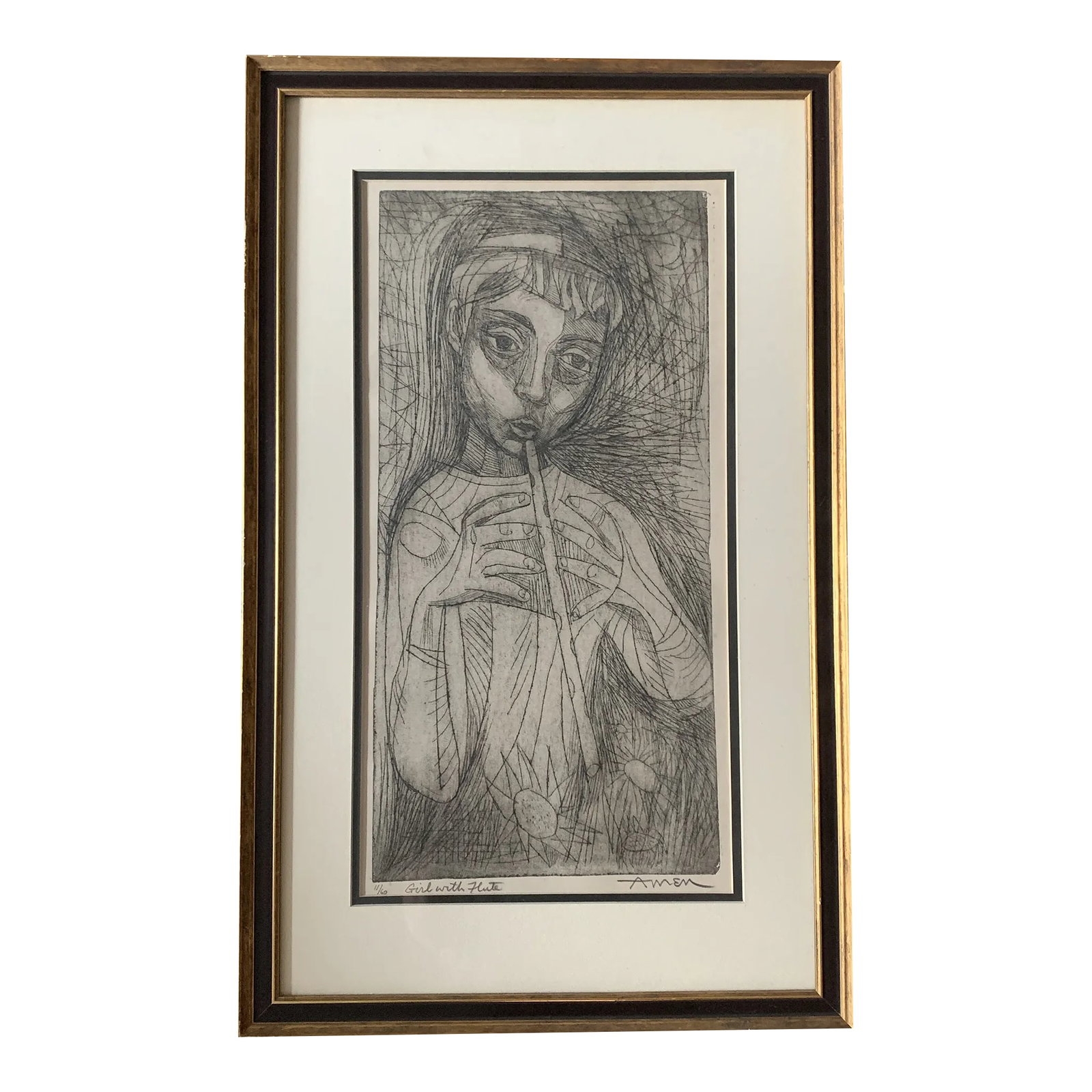 Mid 20th Century "Girl with Flute" Abstract Figurative Woodcut Print by Irving Amen, Framed: Beautiful original numbered woodblock print Girl With Flute by Irving Amen (1918-2011), known as one of the most important printmakers in the United States. Most major museums have Irving Amen in