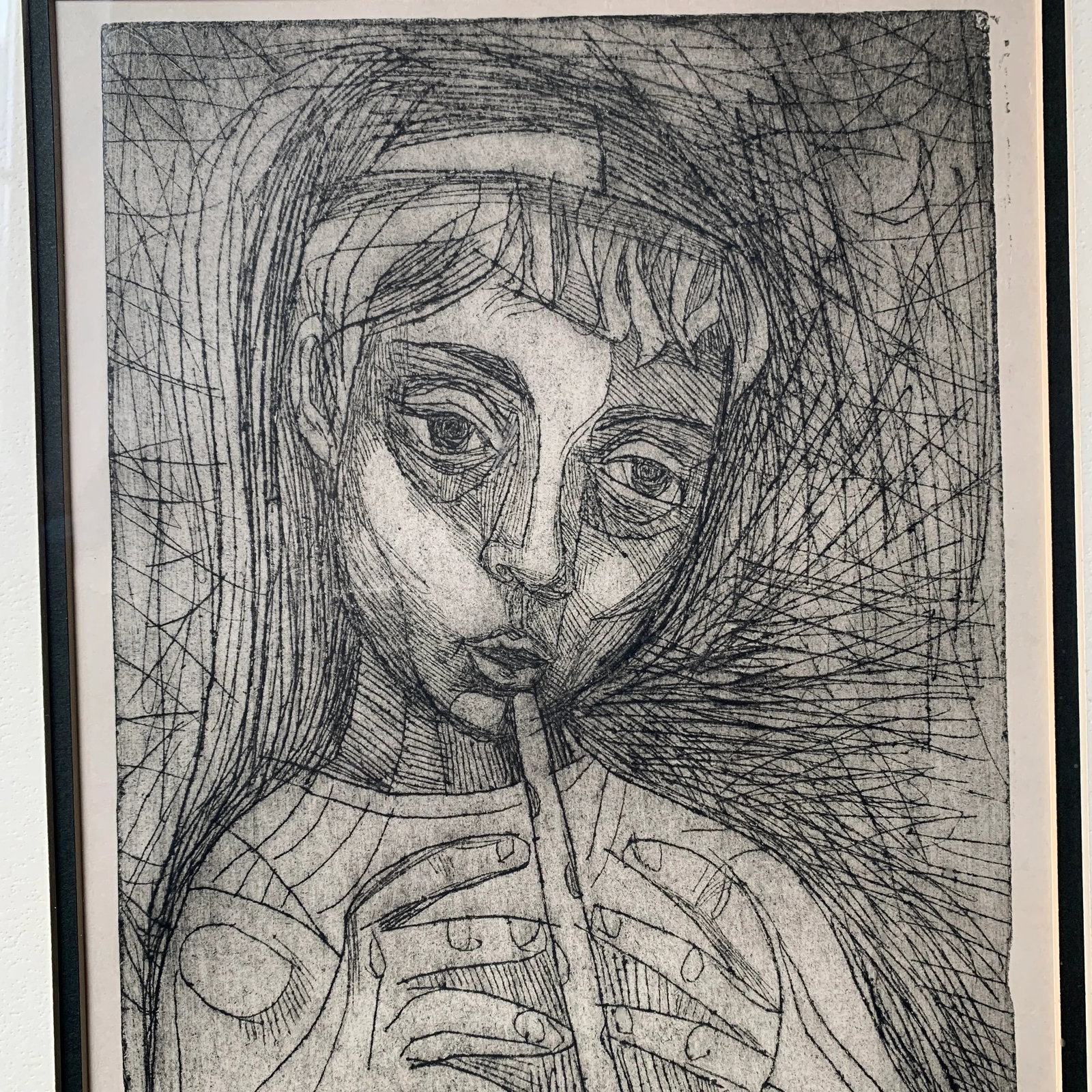 Mid 20th Century "Girl with Flute" Abstract Figurative Woodcut Print by Irving Amen, Framed - 2