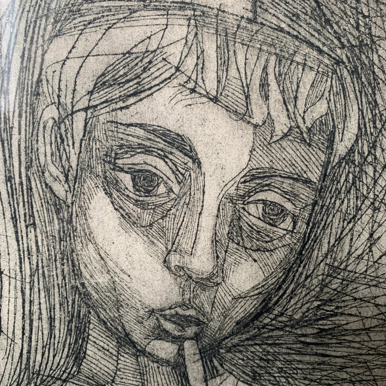 Mid 20th Century "Girl with Flute" Abstract Figurative Woodcut Print by Irving Amen, Framed - 3