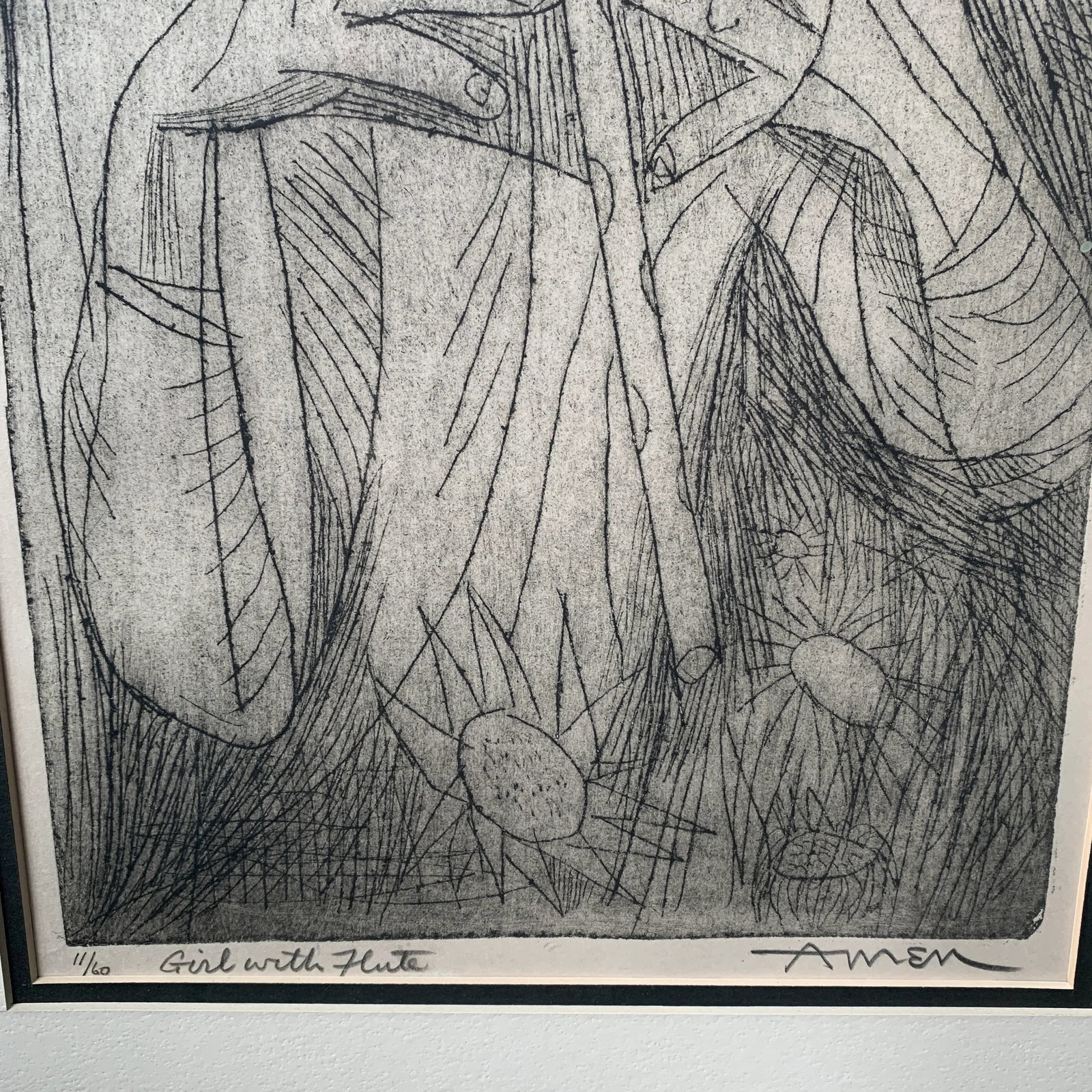 Mid 20th Century "Girl with Flute" Abstract Figurative Woodcut Print by Irving Amen, Framed - 4