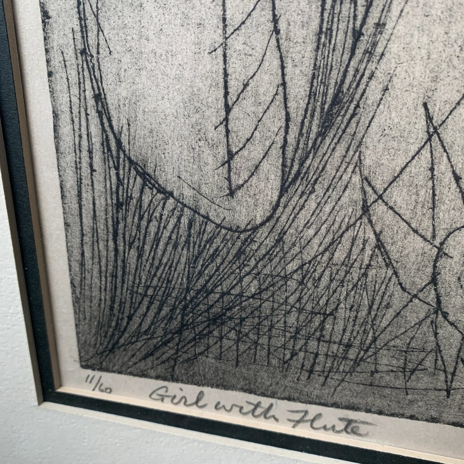 Mid 20th Century "Girl with Flute" Abstract Figurative Woodcut Print by Irving Amen, Framed - 5