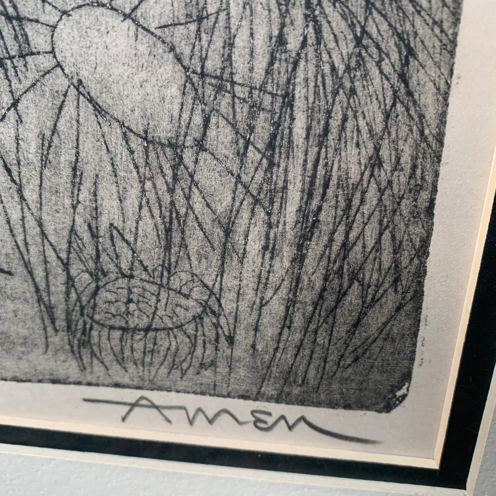 Mid 20th Century "Girl with Flute" Abstract Figurative Woodcut Print by Irving Amen, Framed - 6