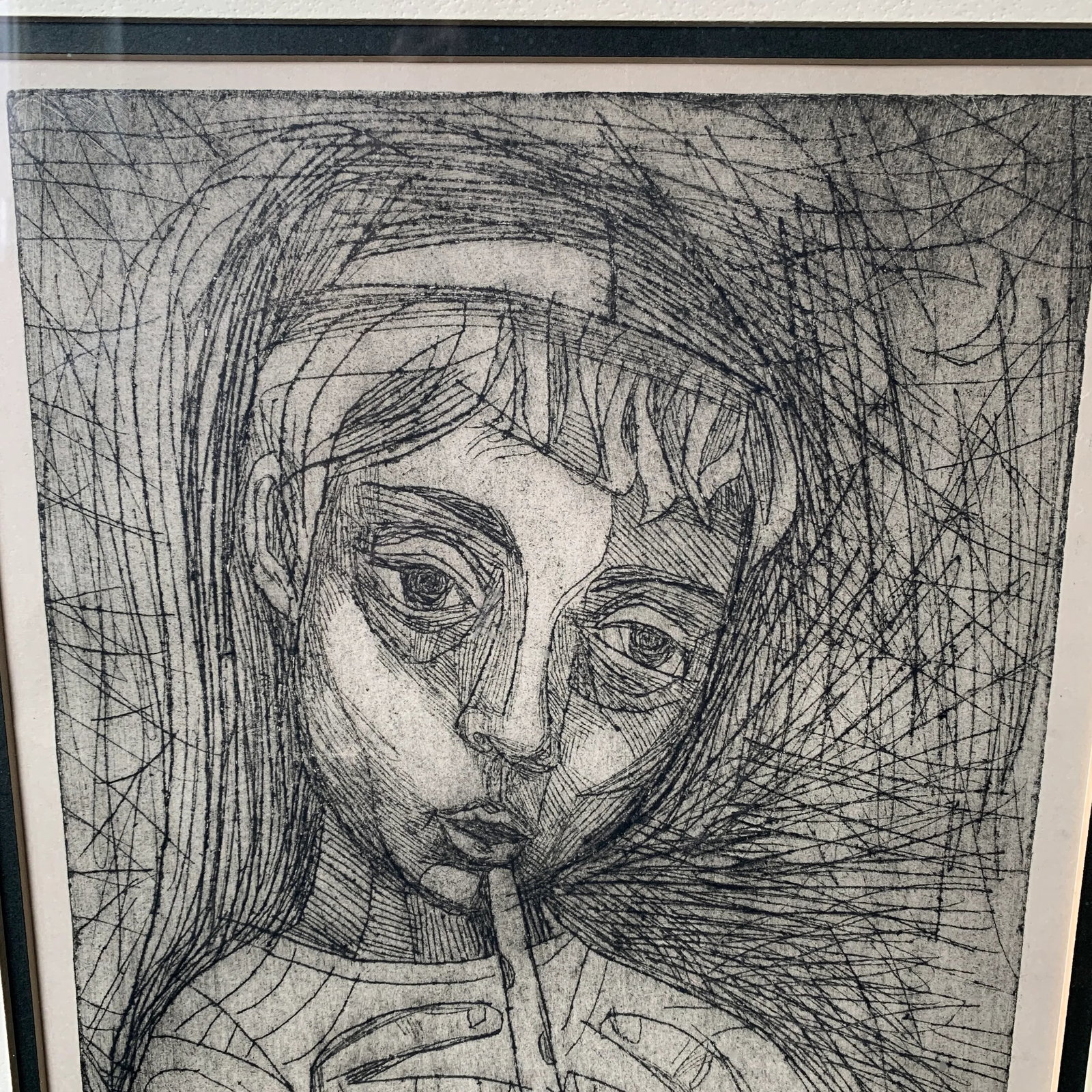 Mid 20th Century "Girl with Flute" Abstract Figurative Woodcut Print by Irving Amen, Framed - 7