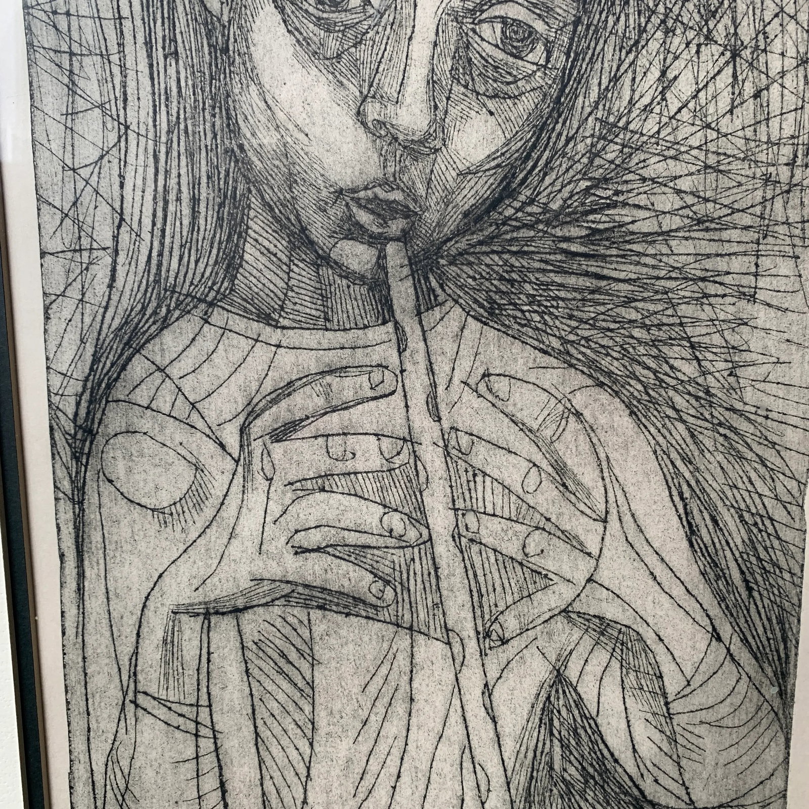 Mid 20th Century "Girl with Flute" Abstract Figurative Woodcut Print by Irving Amen, Framed - 8
