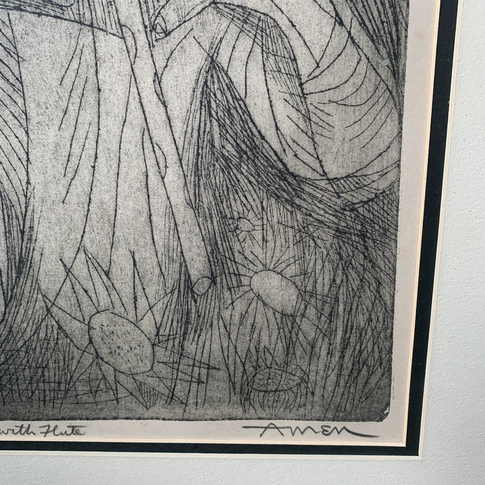 Mid 20th Century "Girl with Flute" Abstract Figurative Woodcut Print by Irving Amen, Framed - 9