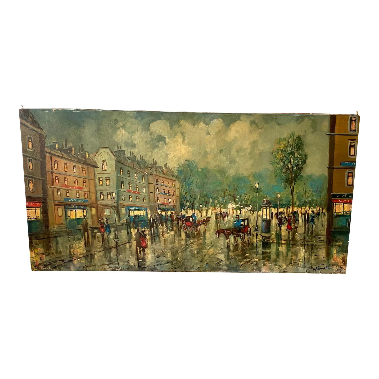 Large Vintage Paris France Street Scene Painting, Signed: Large vintage Paris France street scene oil painting. Oil on canvas measures 24" x 48". Signed. Condition: Alterations: Original Condition Unaltered Imperfections: Some Imperfections Condition Notes: