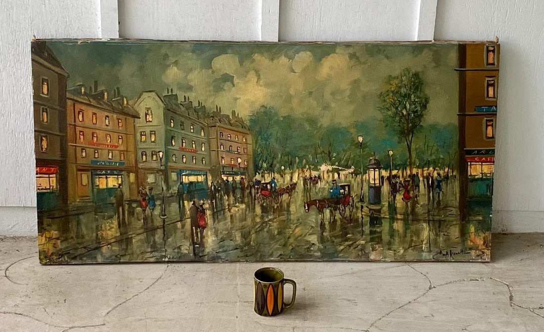 Large Vintage Paris France Street Scene Painting, Signed - 2