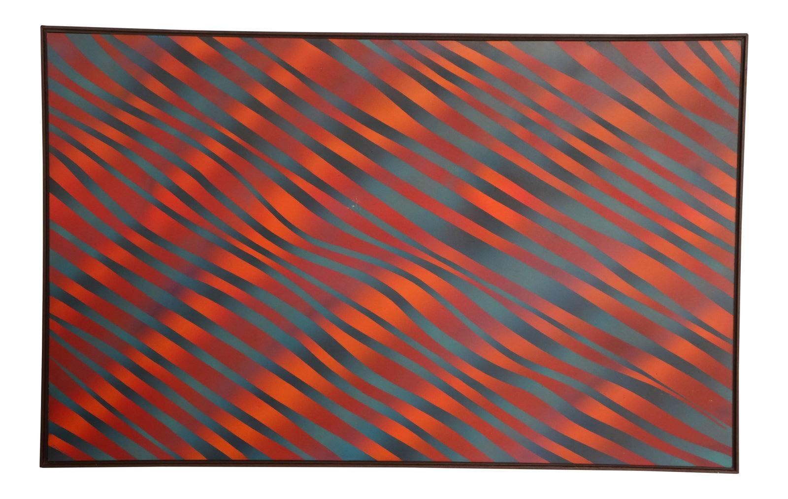 Op Art "Fire and Ice" Painting by J. Brown: A great vintage Op Art abstract piece executed in fiery oranges and cool blues. This large scale painting features vibrant colors and detailed composition on board in an artist-made frame which is rea