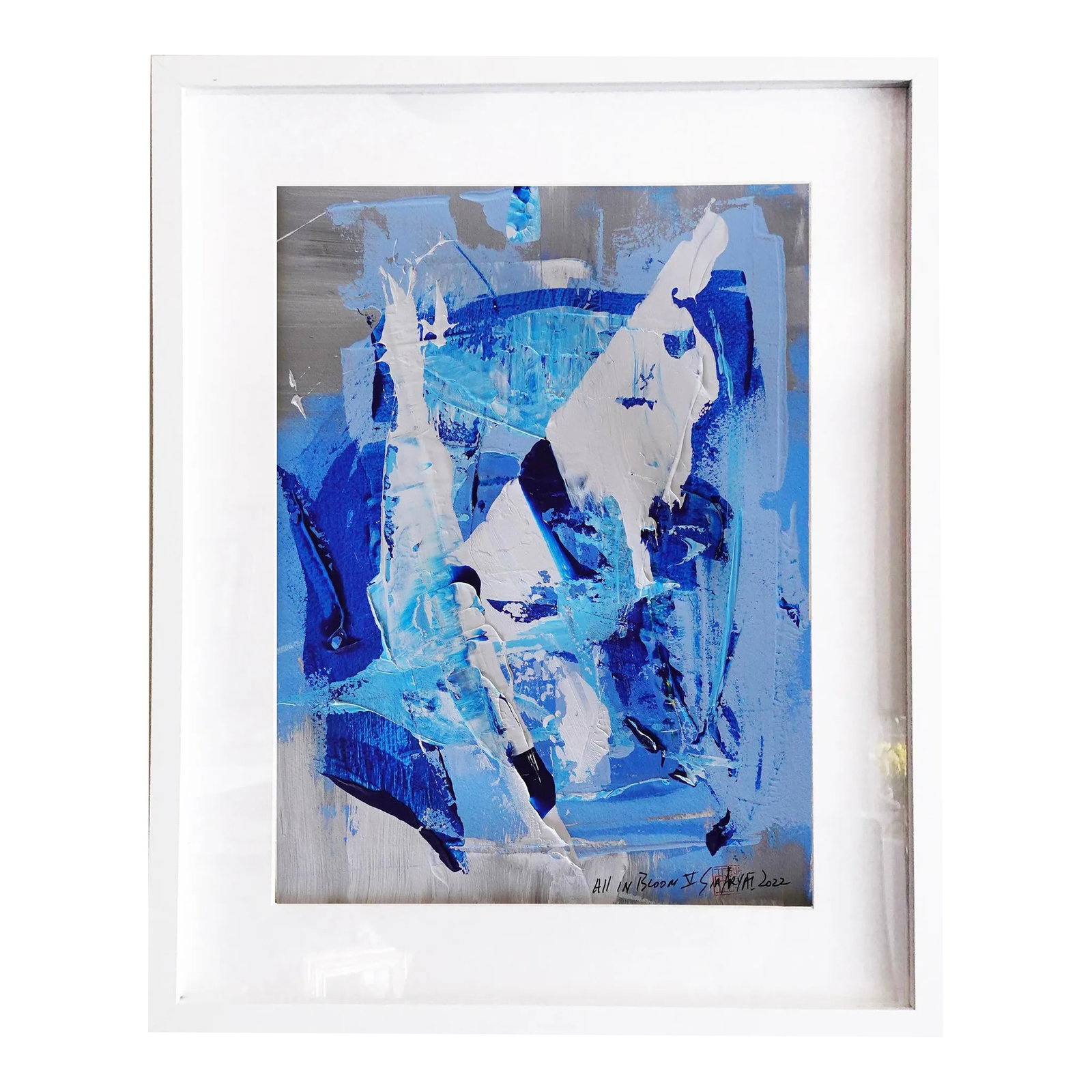 "All in Bloom.V" Contemporary Original Abstract Mixed-Media Painting, Framed: ALL IN BLOOM: This bold, brushstroke hand cut parchment works great as an abstract statement piece everywhere from entryways to guest bedrooms. Painting is 14X18" custom-framed in a 17X21X1.2" white