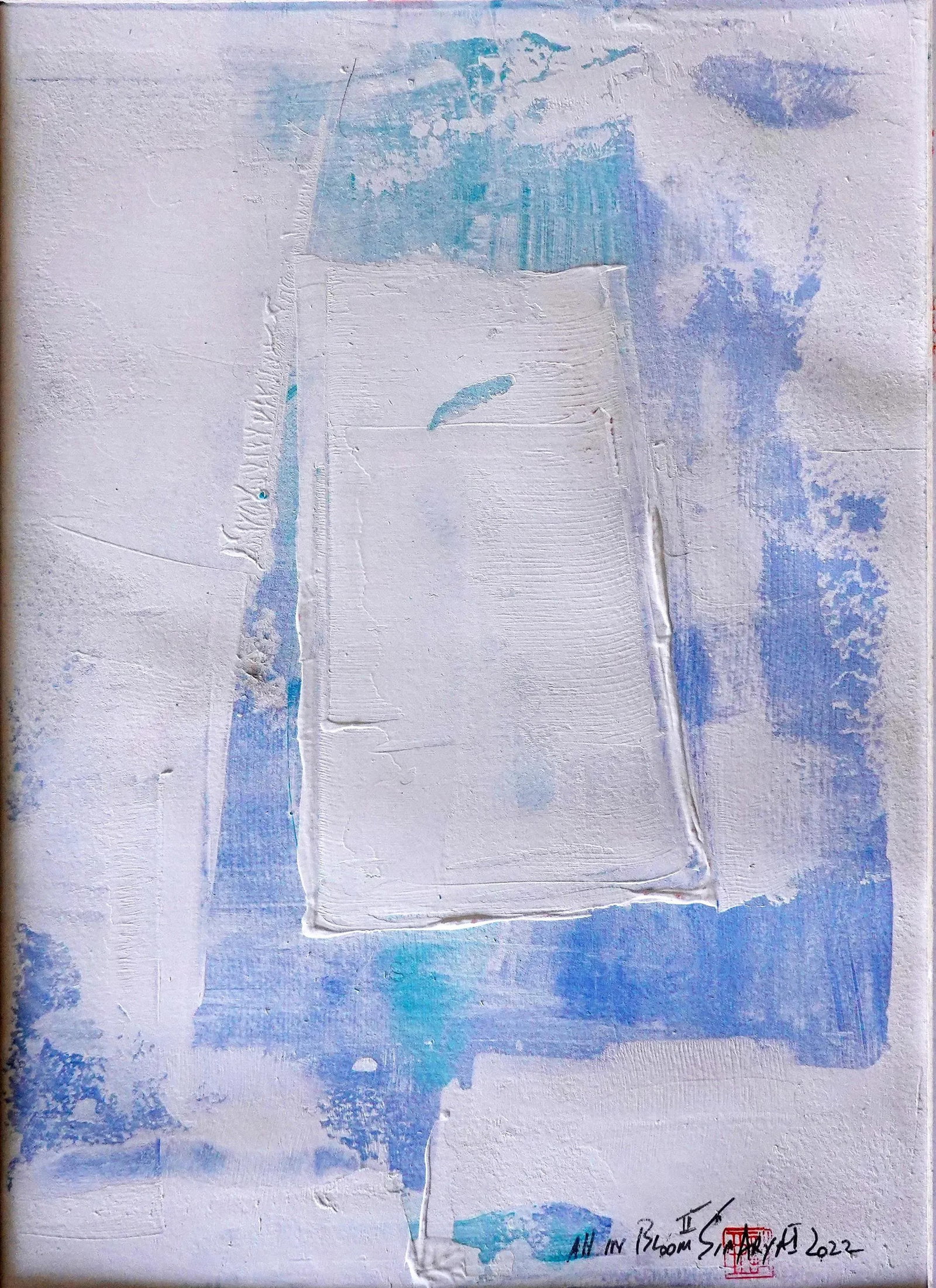 "All in the Bloom.II" Contemporary Original Abstract Blue Mixed-Media Painting, Framed - 2