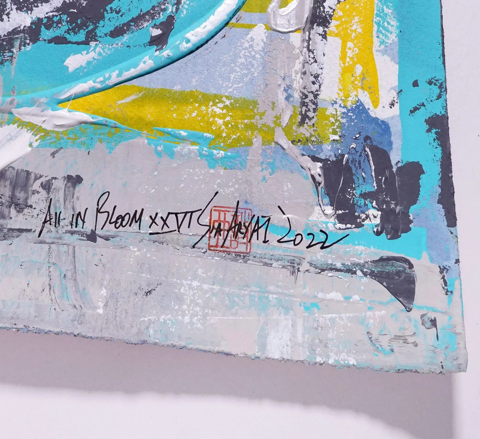 "All in Bloom. XXVI" Contemporary Abstract Original Blue Mixed-Media Painting, Framed - 3
