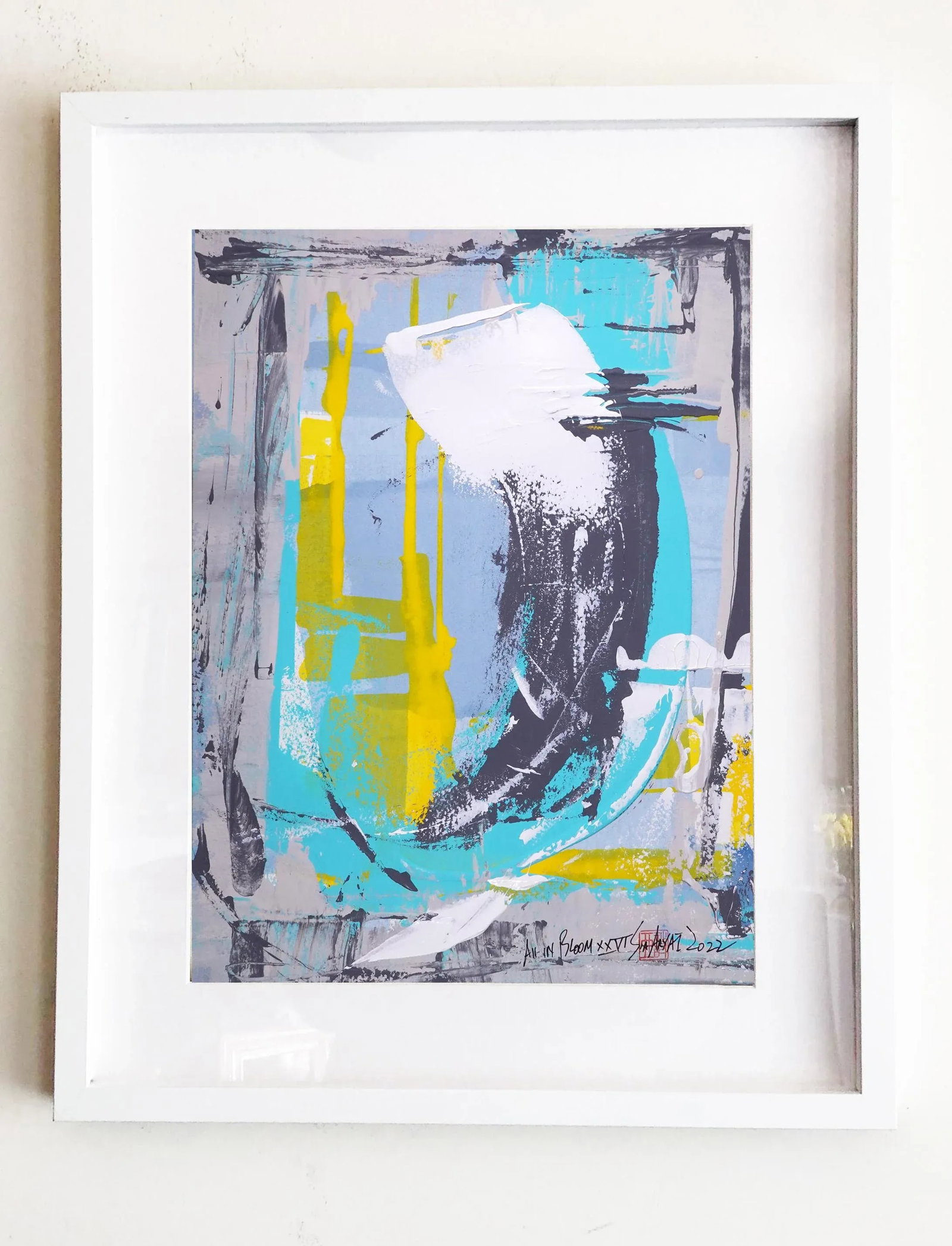 "All in Bloom. XXVI" Contemporary Abstract Original Blue Mixed-Media Painting, Framed - 5