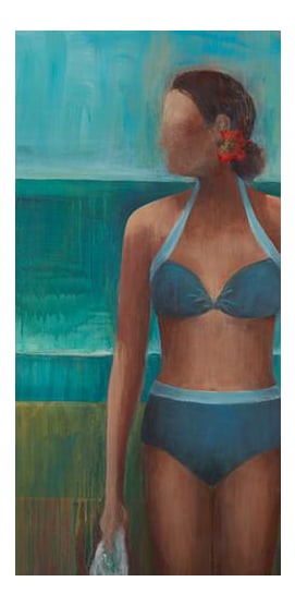 Original Acrylic on Canvas "Morning Swim" by Terri Burris: "Morning Swim" is a reflective and elegant original acrylic painting on canvas by California artist Terri Burris. The painting is on stretched canvas, and is signed by the artist. The 1.5" deep sides
