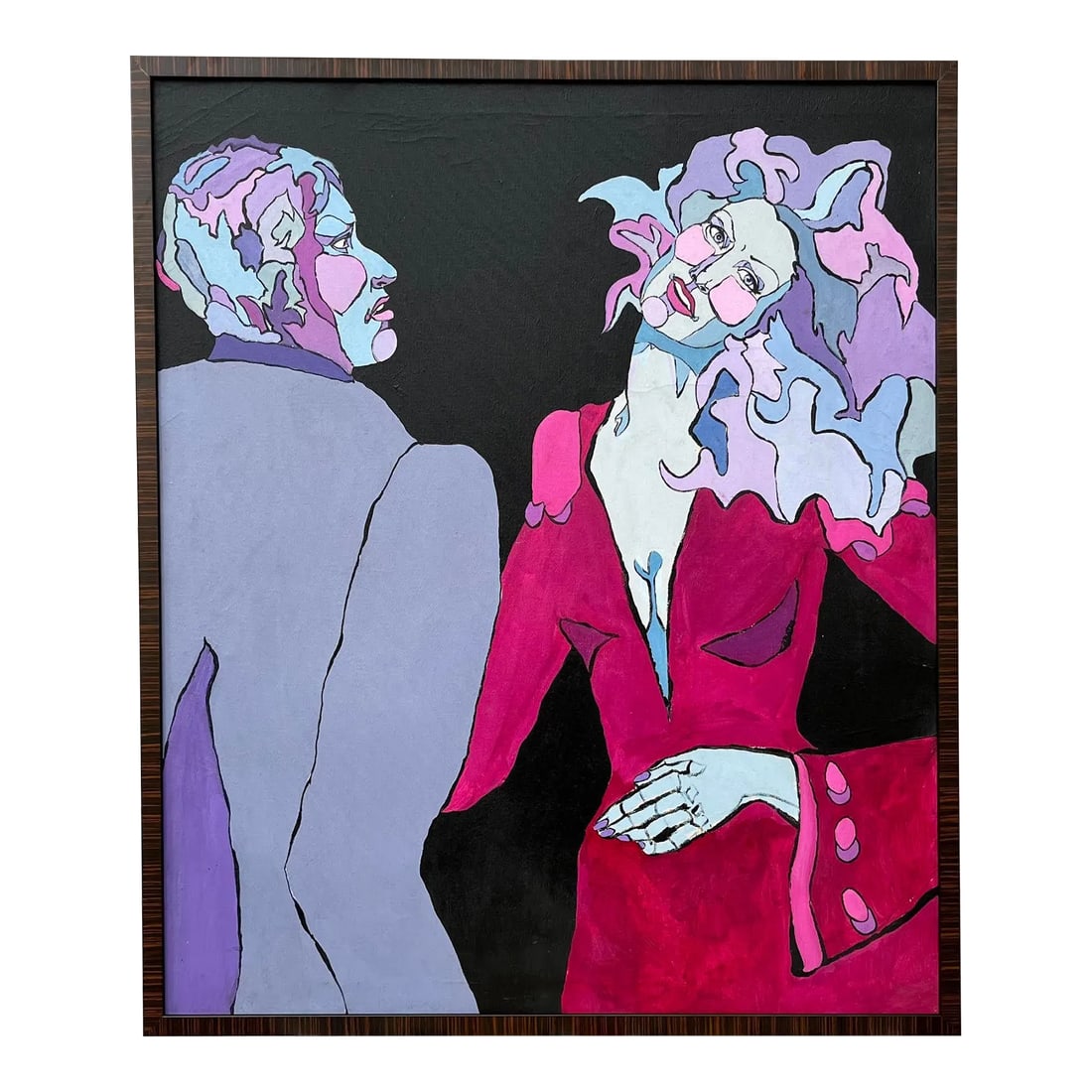 Vintage Modern Expressionist Figurative Painting Acrylic on Canvas Circa 1970 31" X 36".: An original vintage modern expressionist painting of a couple acrylic on canvas circa 1970. Unsigned presented in a wood finish frame ready to hang. Overall measurements 31" wide by 37" tall. A great 