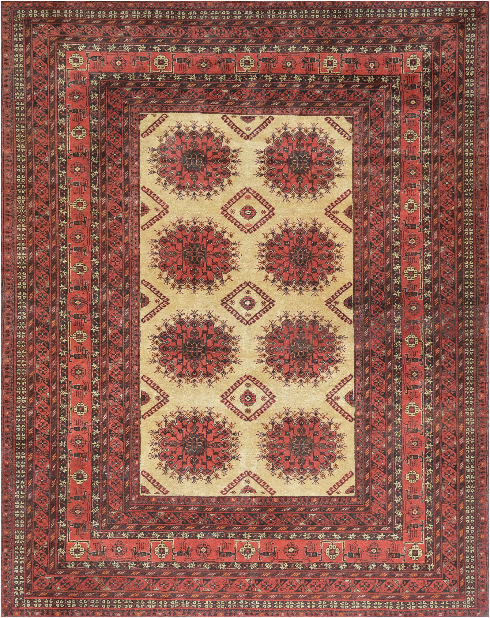 Mansour Handmade Turkoman Rug: Authentic handwoven Turkoman rug from Afghanistan. A very high quality rug featuring the classic geometric Bokhara design with beautiful rich colors. 100% fine natural wool pile on wool foundation. Co