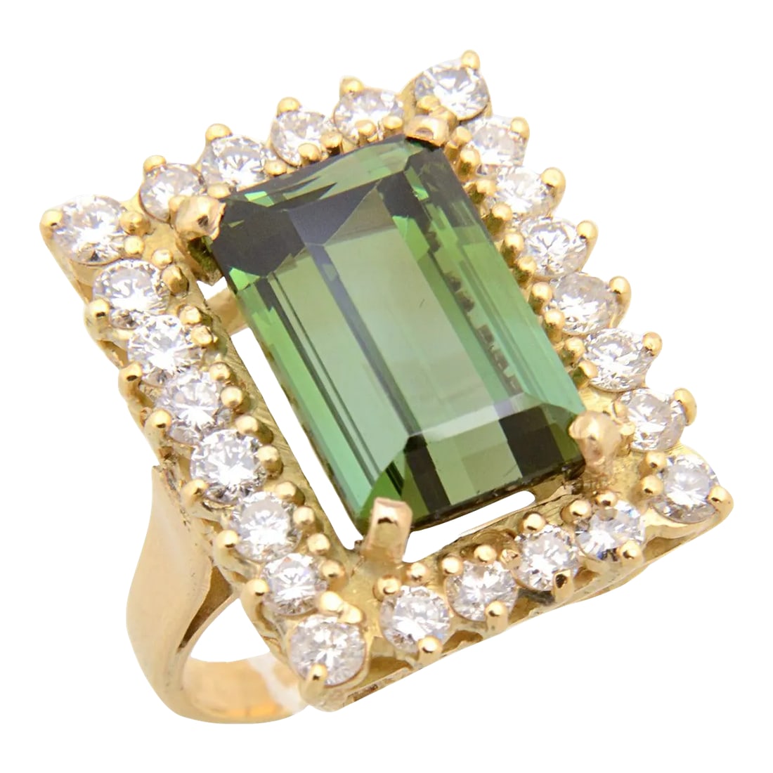 Green Tourmaline Diamond Gold Cocktail Ring size 6.5: Truly elegant ring featuring an emerald cut green facetted tourmaline prong set amidst a diamond frame. The frame contains approximately 1.95 carats of diamonds. It is a US ring size of 6.5 which can 