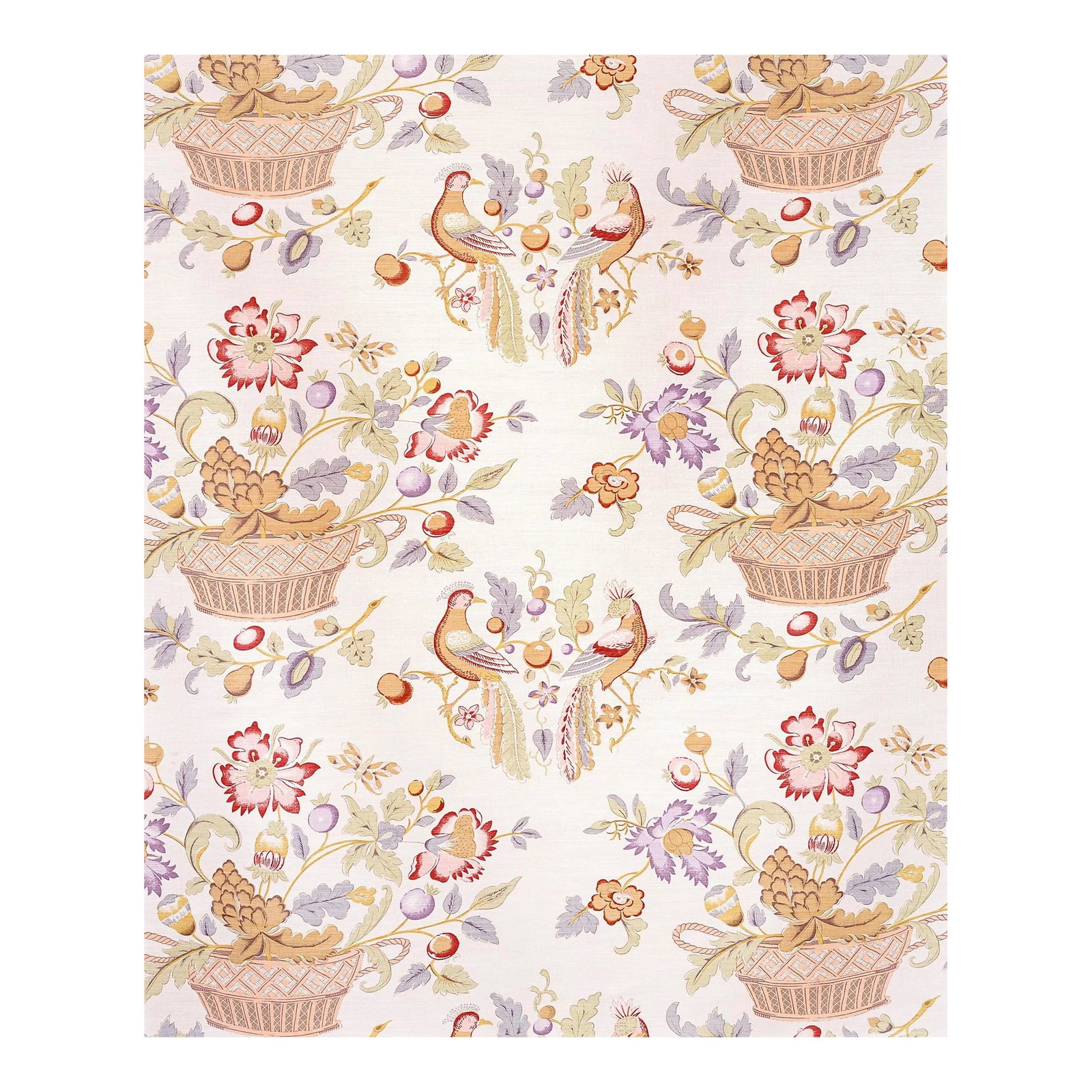 Bennison Fabrics "Bird and Basket" Bright on Oyster: Bird & Basket linen fabric. Color: Bright on Oyster. By Bennison of England. Width - 52.75 inches Repeat - 20.5 inches 10 yards 70% linen 30% cotton Condition: Imperfections: No Imperfections