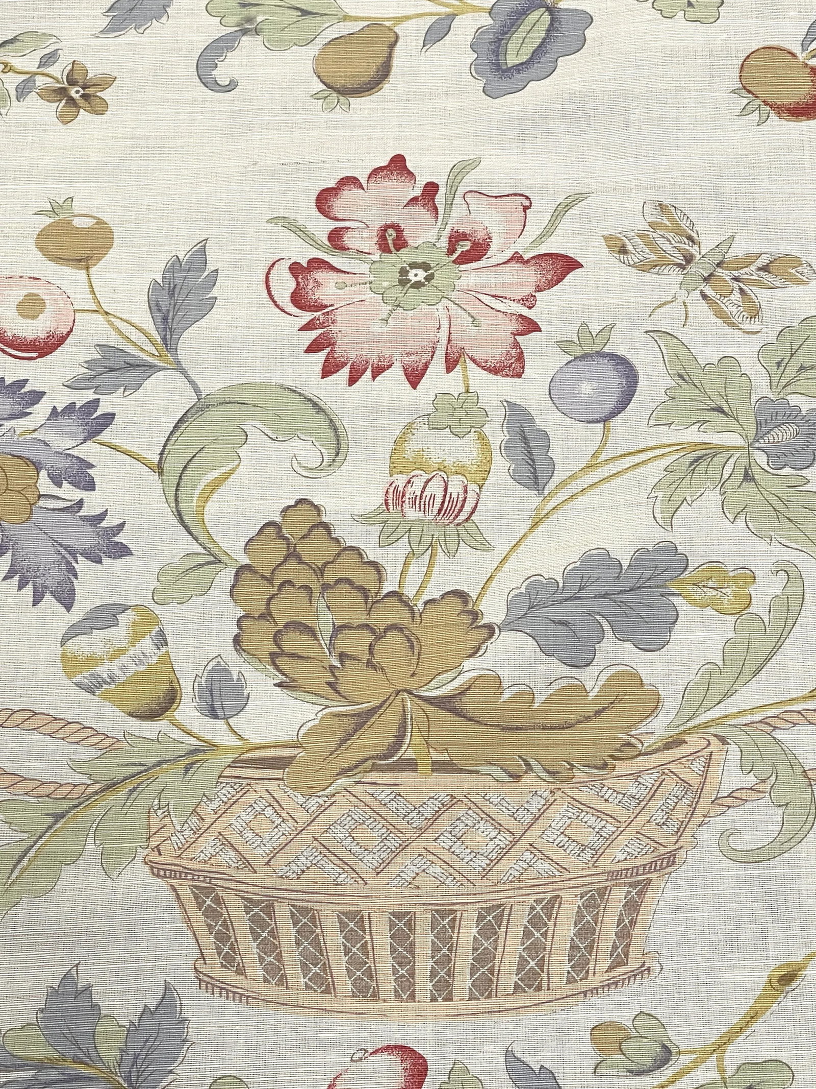 Bennison Fabrics "Bird and Basket" Bright on Oyster - 3