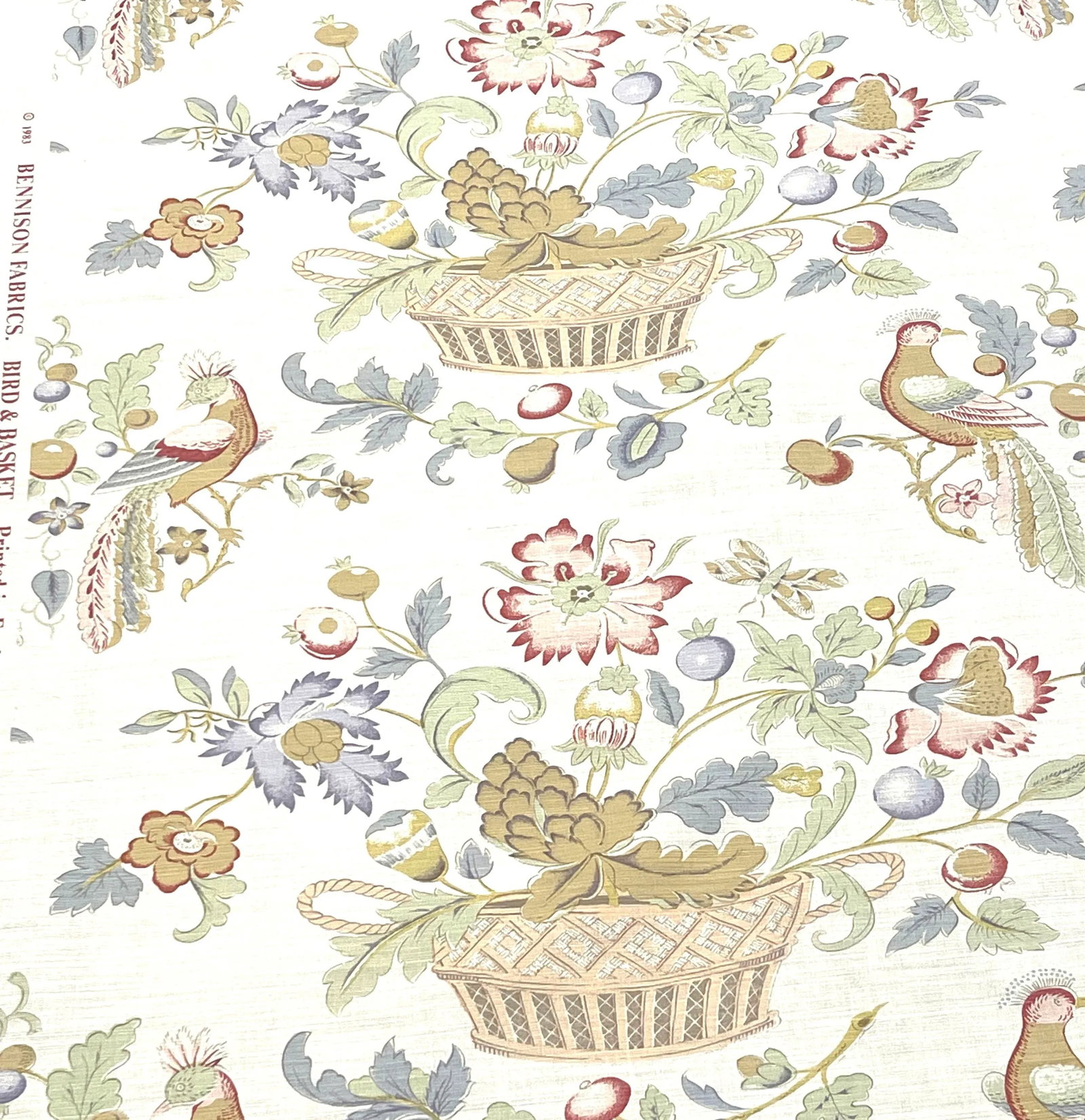 Bennison Fabrics "Bird and Basket" Bright on Oyster - 4