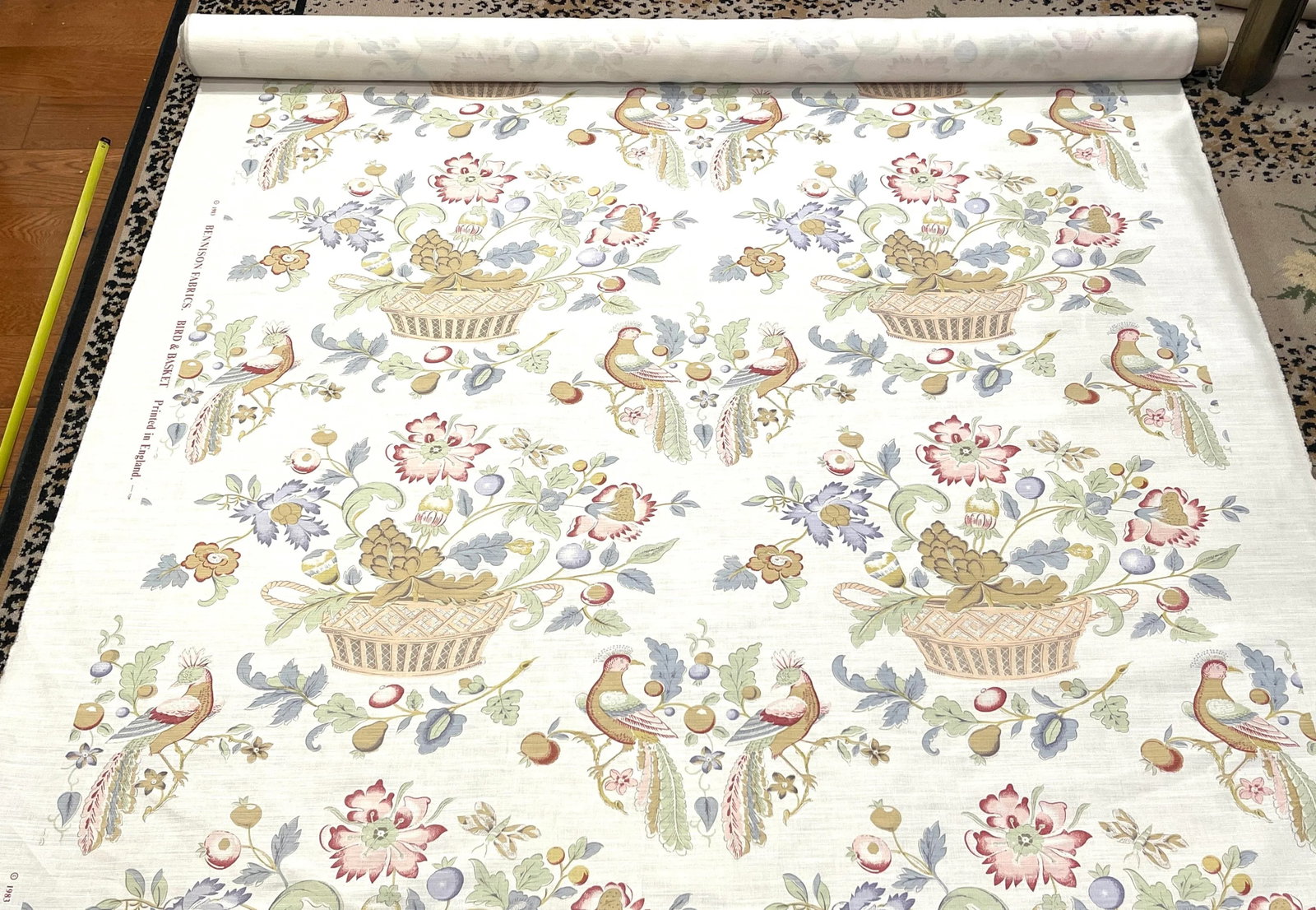 Bennison Fabrics "Bird and Basket" Bright on Oyster - 5