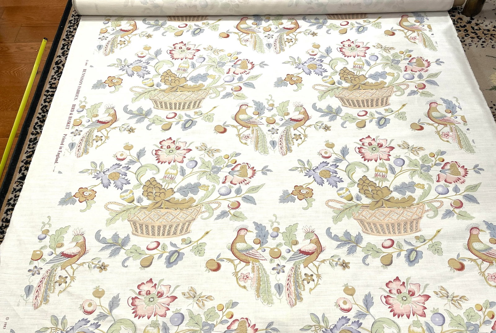 Bennison Fabrics "Bird and Basket" Bright on Oyster - 6