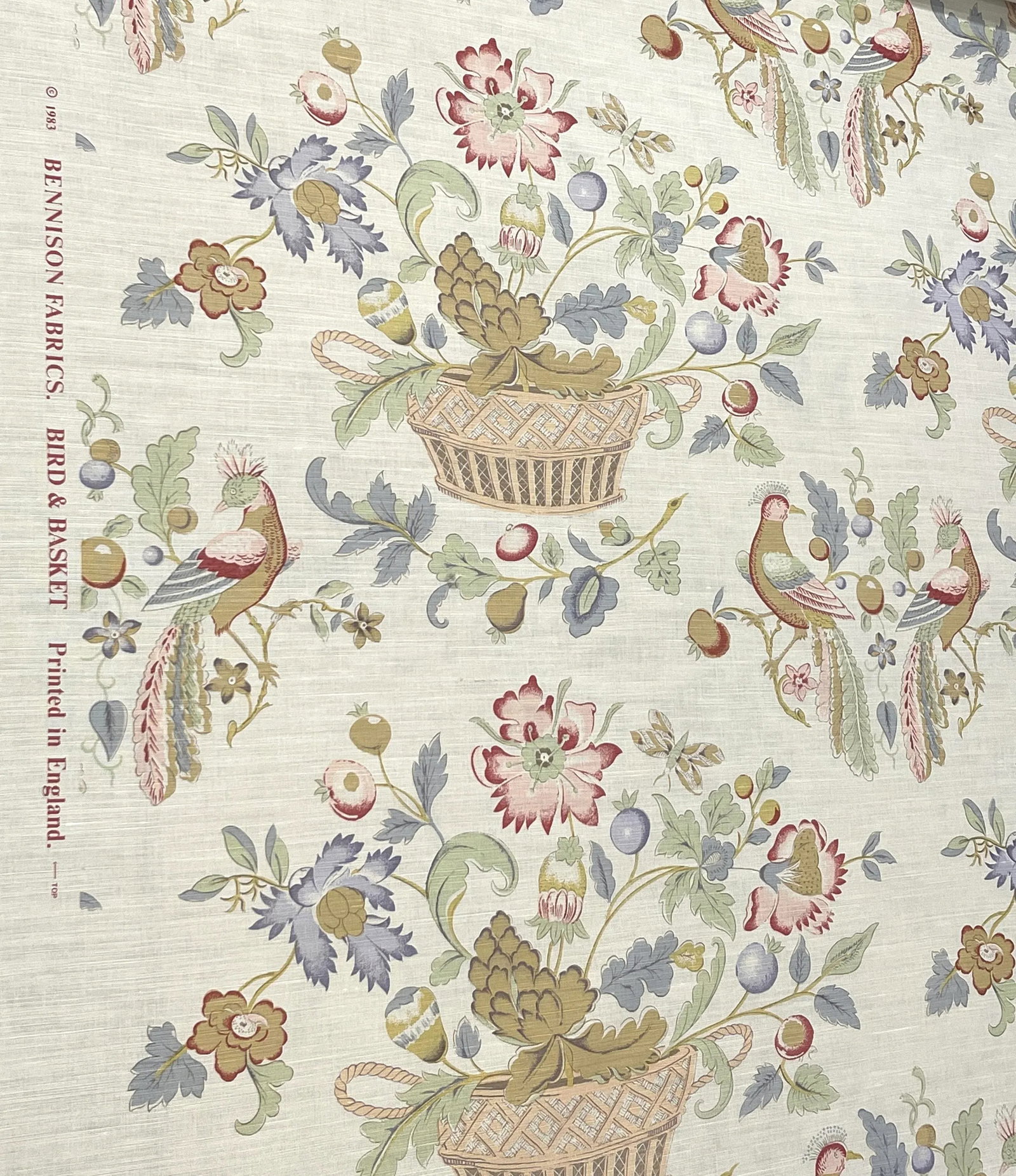 Bennison Fabrics "Bird and Basket" Bright on Oyster - 8