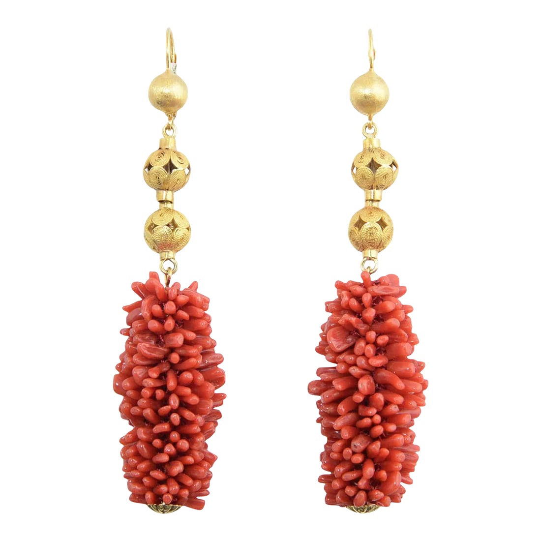 20th Century Long Coral Gold Ball Dangling Earrings - 2 Pieces: Etruscan 18k ball drops with cluster rod of coral. Please see the measurements noted above in the description for best approximate dimensions Condition: Alterations: Unknown Imperfections: Some Imperf
