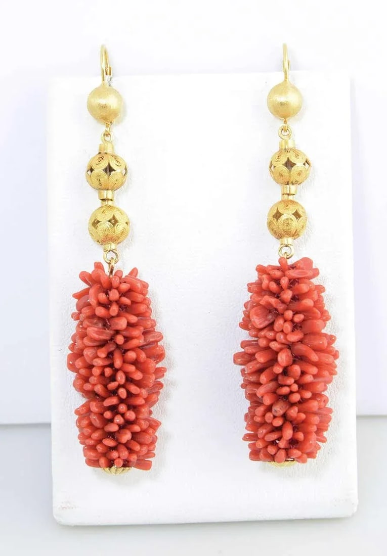 20th Century Long Coral Gold Ball Dangling Earrings - 2 Pieces - 2