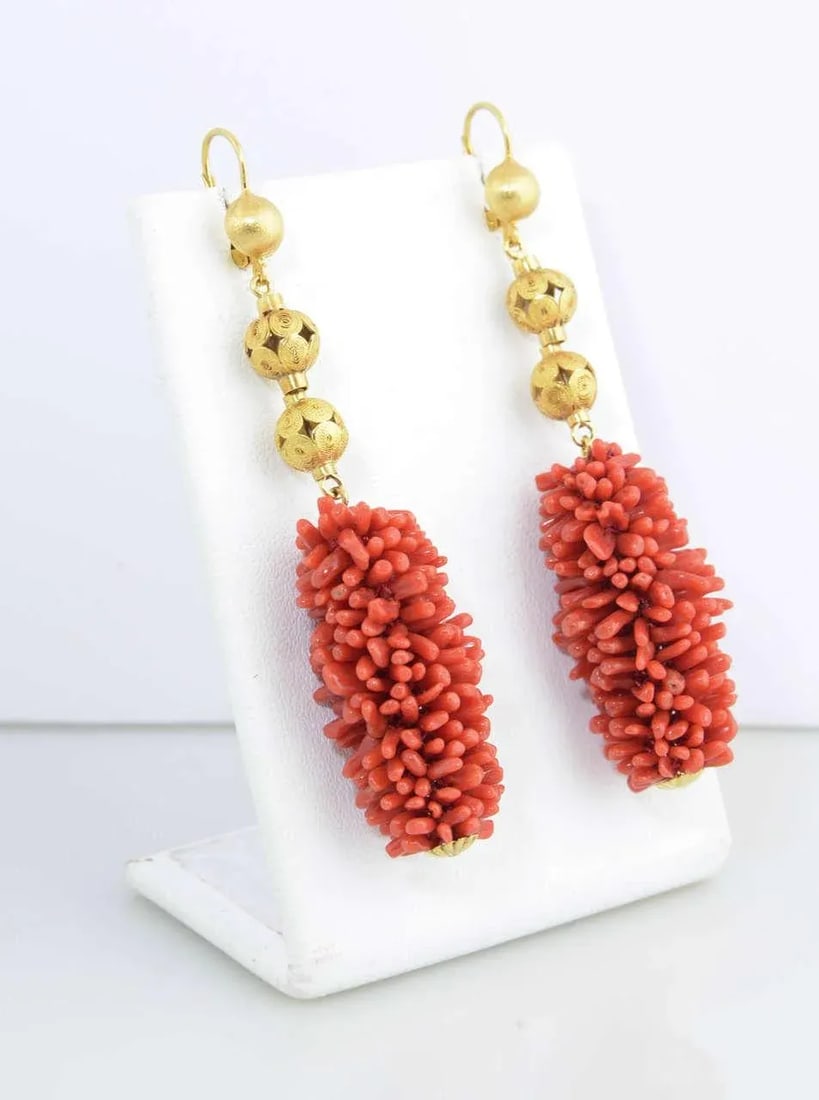 20th Century Long Coral Gold Ball Dangling Earrings - 2 Pieces - 3