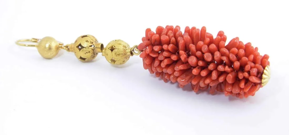20th Century Long Coral Gold Ball Dangling Earrings - 2 Pieces - 4