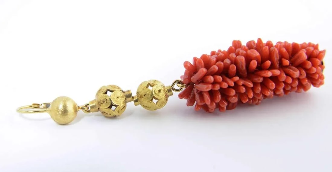 20th Century Long Coral Gold Ball Dangling Earrings - 2 Pieces - 6
