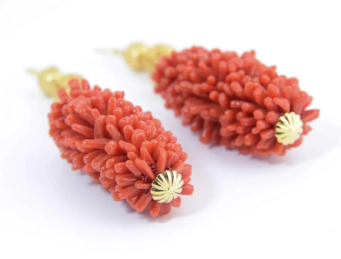 20th Century Long Coral Gold Ball Dangling Earrings - 2 Pieces - 7