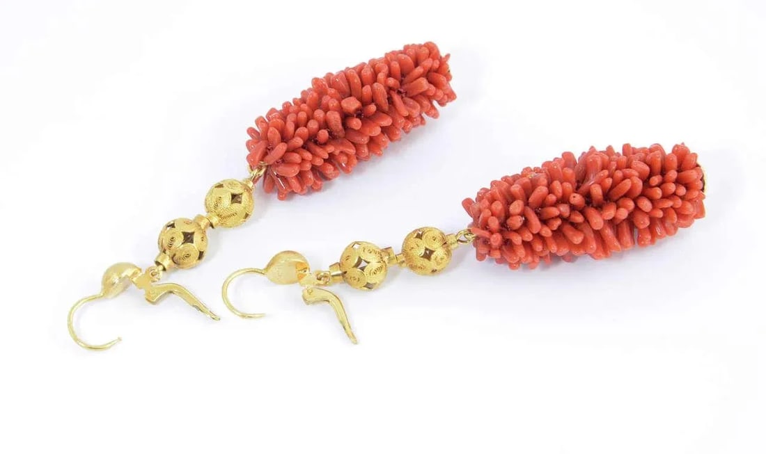 20th Century Long Coral Gold Ball Dangling Earrings - 2 Pieces - 8