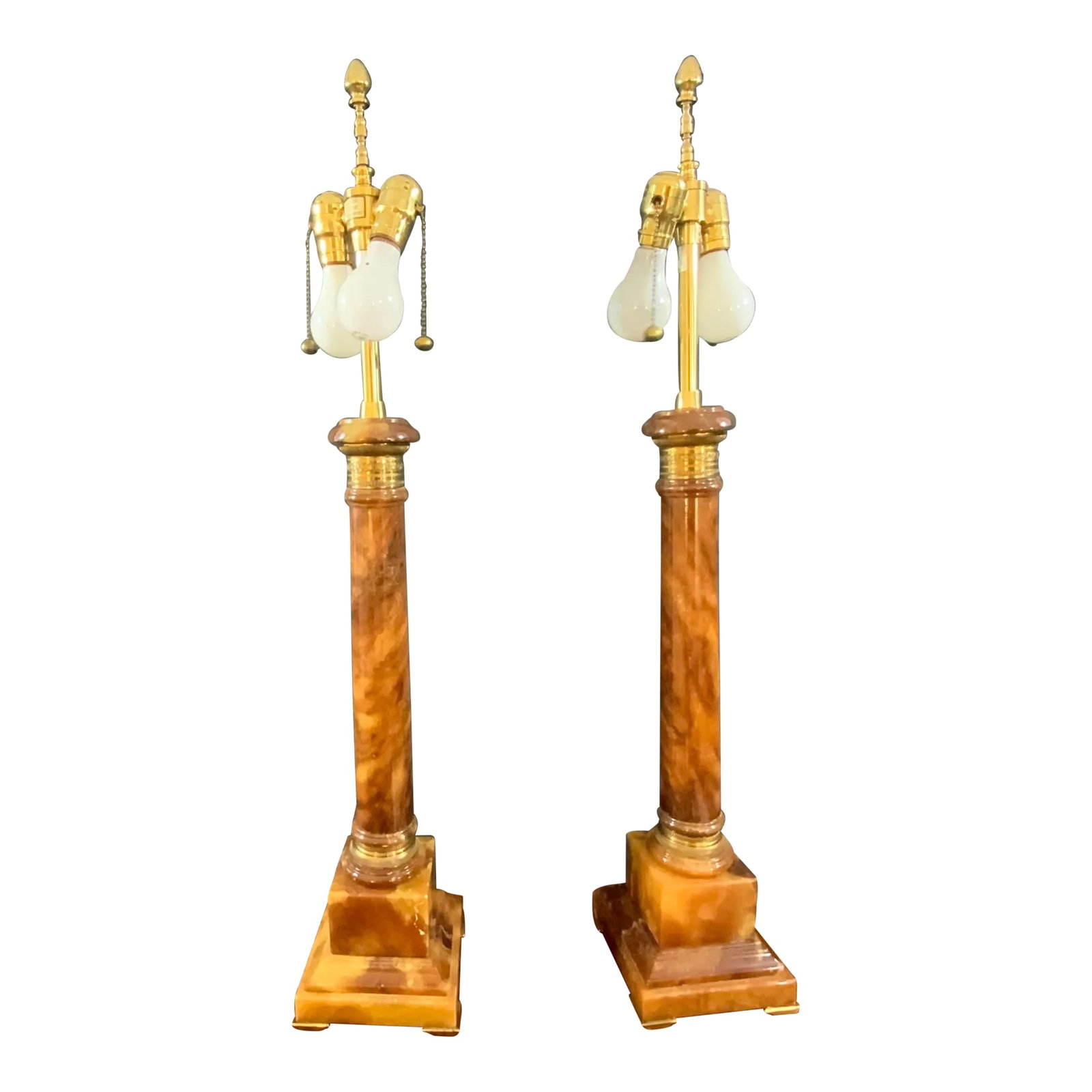 Mid-Century Marbro Alabaster Ormolu Column Table Lamps - a Pair: These elegant lamps are a great and rear find, with its incised Ormolu technique. Beautiful detail on marble and on the hardware. Great for any room to bring out the beauty and elegance. Condition: