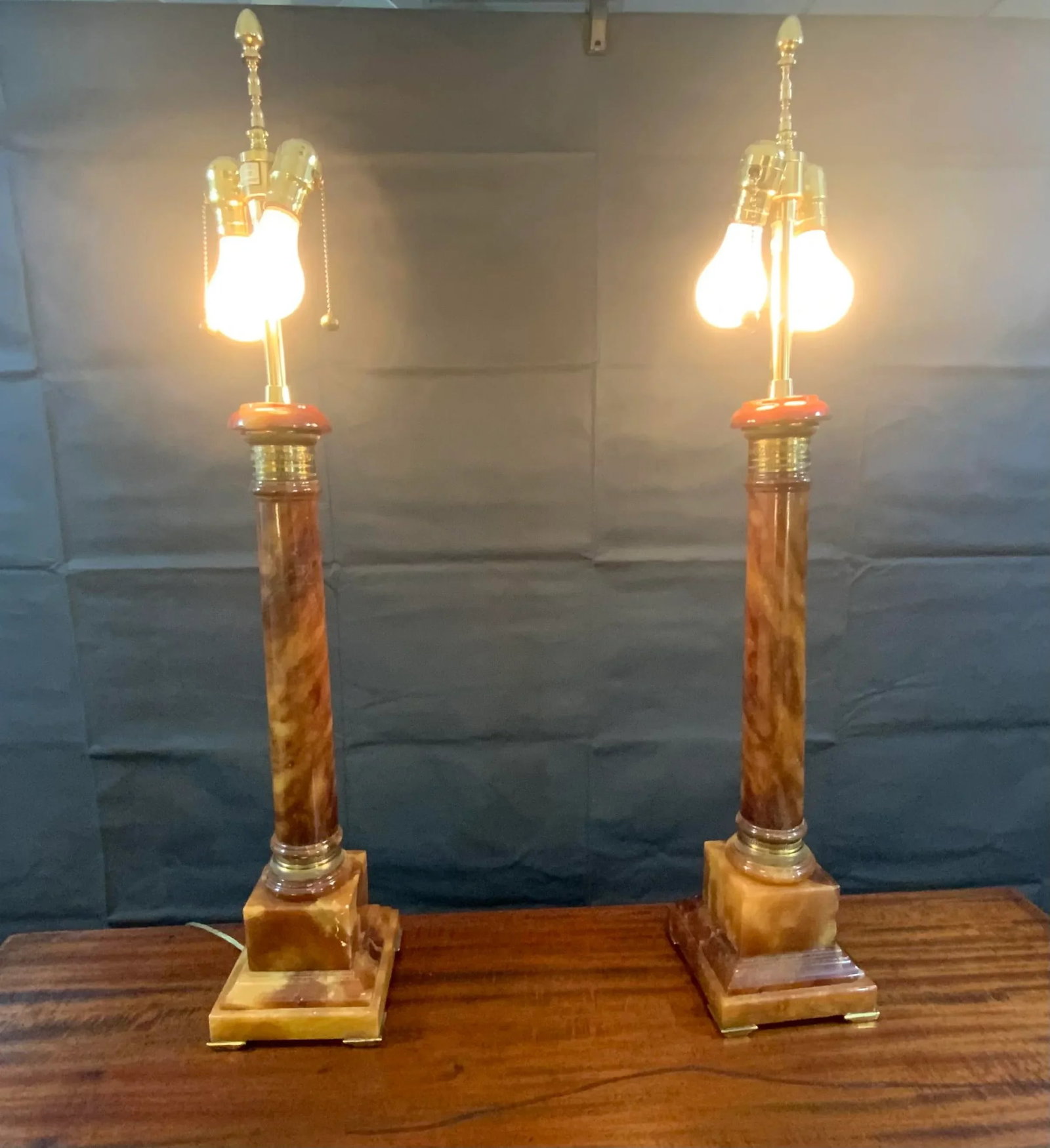 Mid-Century Marbro Alabaster Ormolu Column Table Lamps - a Pair - 2
