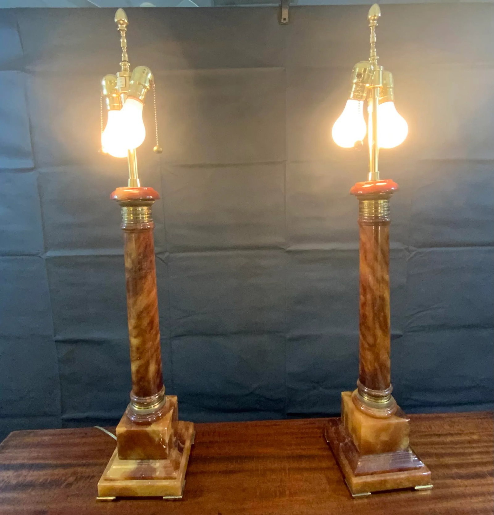 Mid-Century Marbro Alabaster Ormolu Column Table Lamps - a Pair - 3