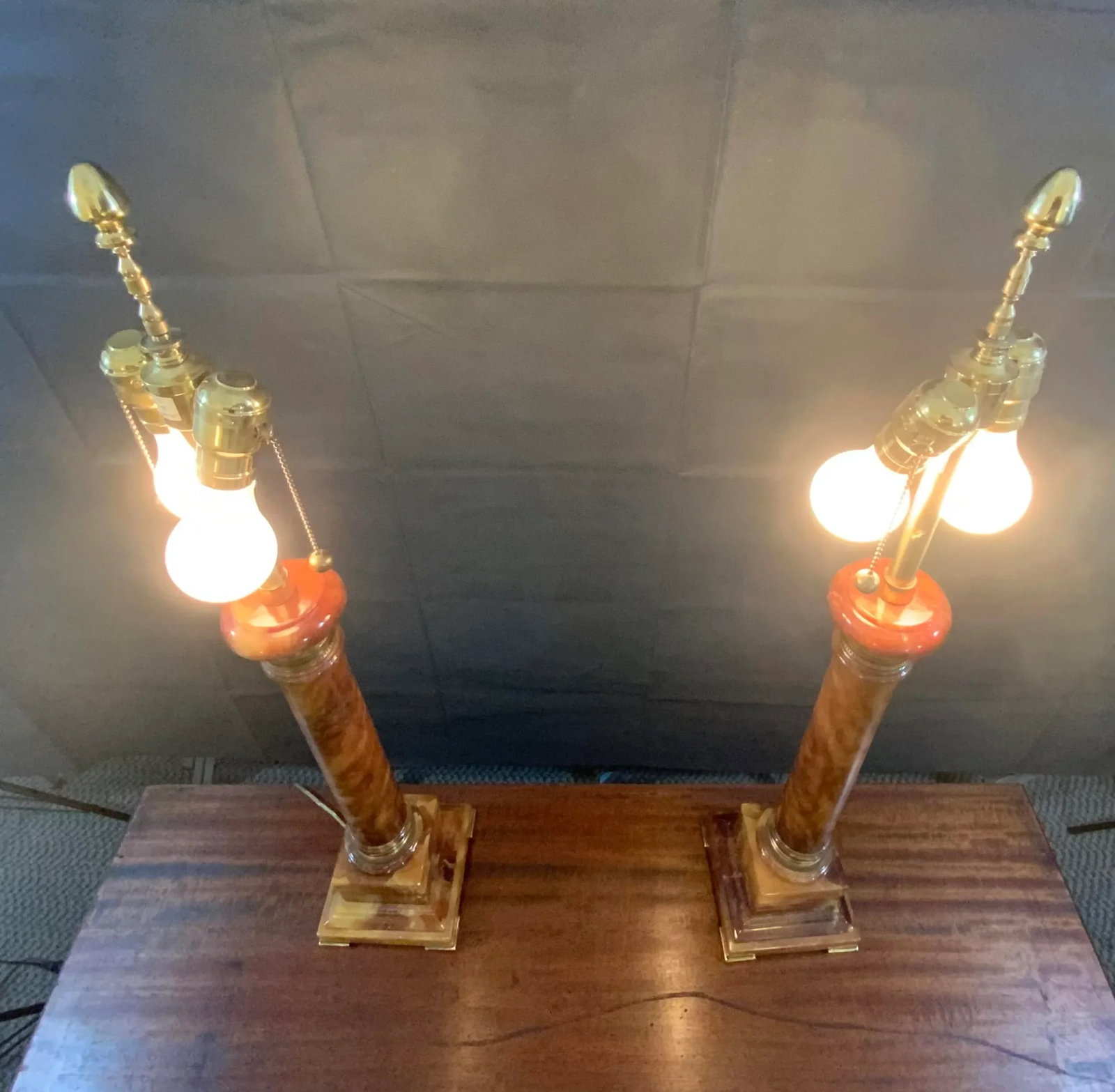 Mid-Century Marbro Alabaster Ormolu Column Table Lamps - a Pair - 7